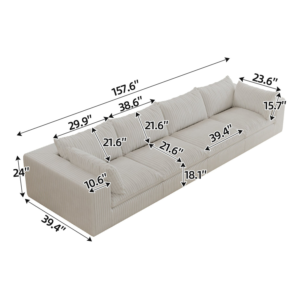 157.6'Cloud Sofa,Corduroy Fabric,Deep Seat Couches,Double-layer design,Removable  Cushion,No Assembly,DIY Combination for Living room, Bedroom,Conference room ,Apartment,White