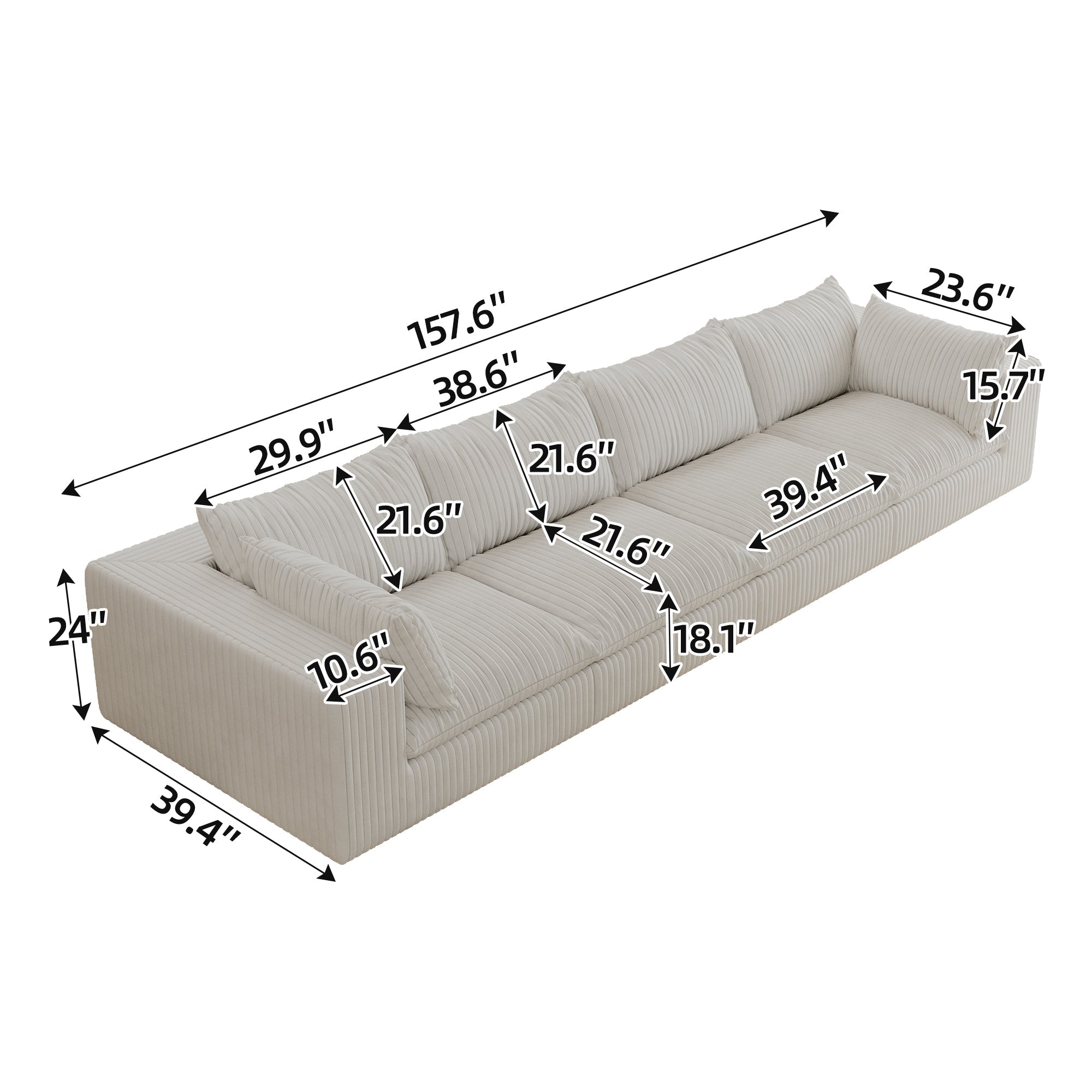 157.6'Cloud Sofa,Corduroy Fabric,Deep Seat Couches,Double-layer design,Removable  Cushion,No Assembly,DIY Combination for Living room, Bedroom,Conference room ,Apartment,White