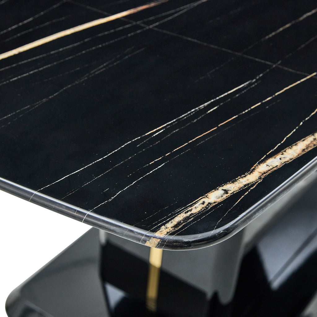 A modern, minimalist, and luxurious table. A black imitation marble tabletop with MDF U-shaped legs. Dining table, computer table. For restaurants and living rooms 63' * 35.4'* 30' F-U