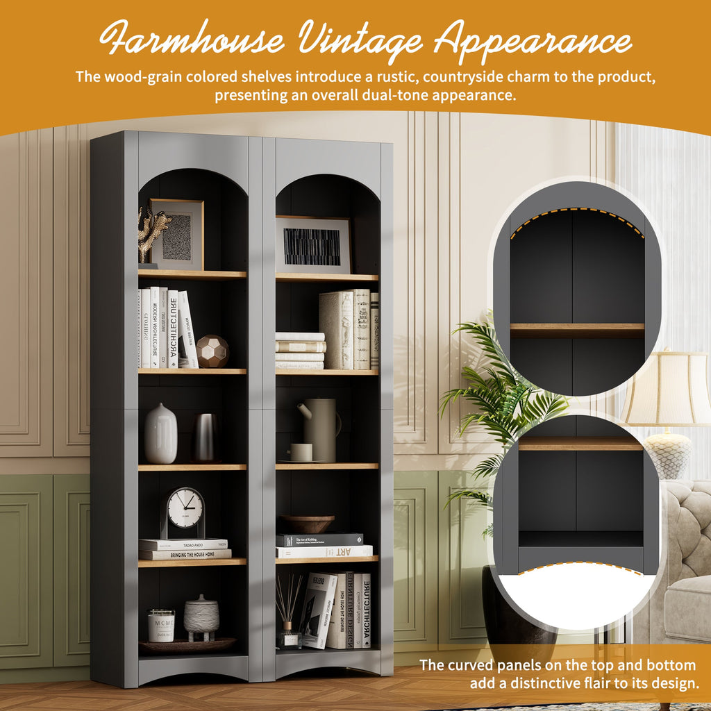 ON-TREND Free Standing 5 Tier Bookshelves, Bookcases Set of 2, Farmhouse Two-Tone Storage Cabinet with Adjustable Shelves, Modern 72'H Kitchen Pantry Cabinet for Living Room, Home Office, Grey
