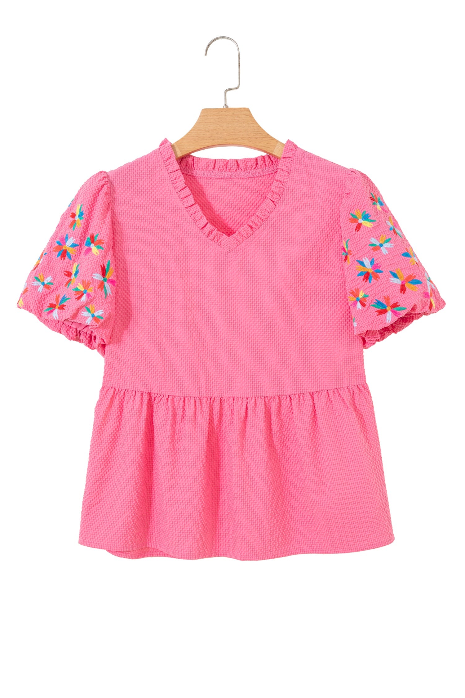 Flower Embroidered Puff Sleeve Frilled V-Neck Blouse