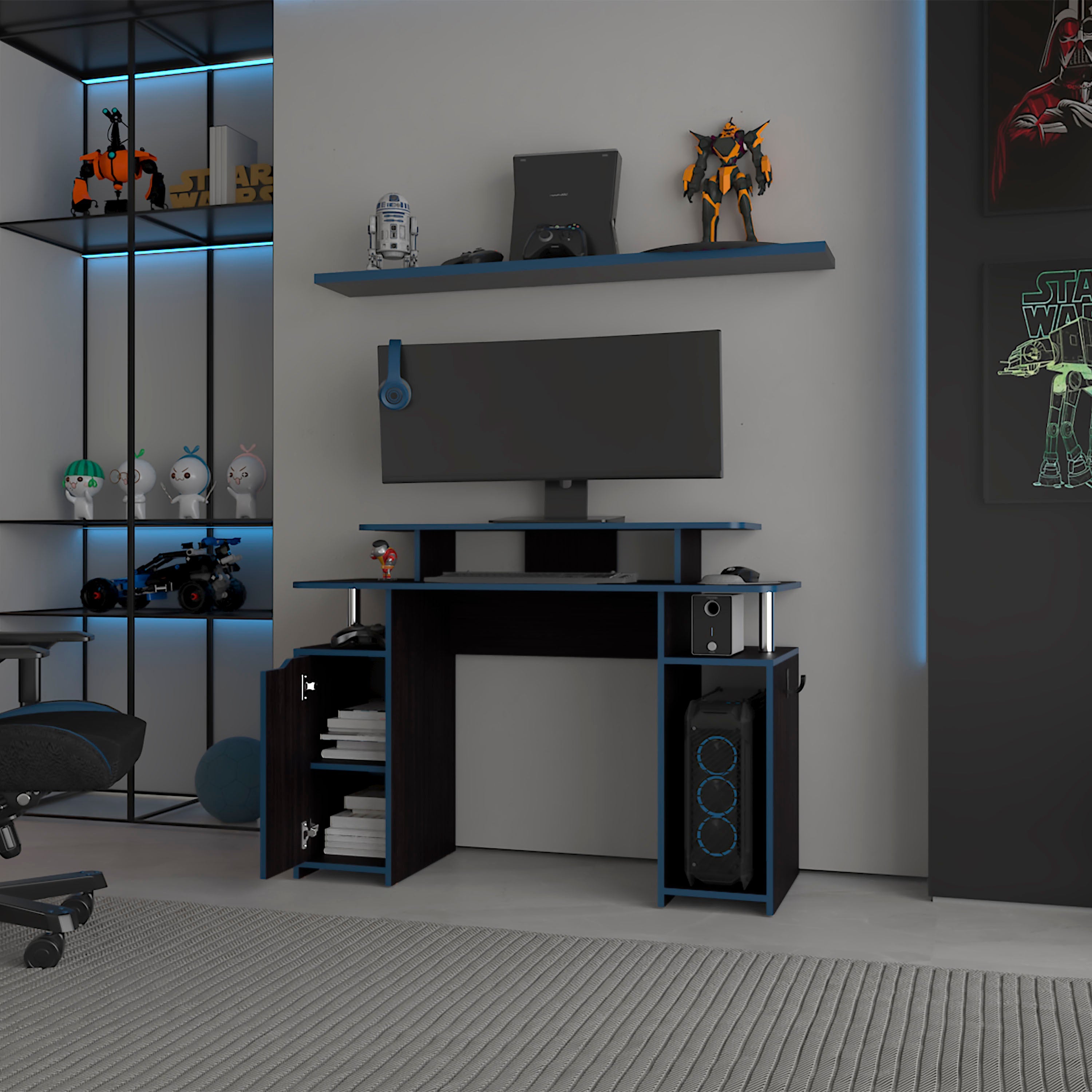 FM FURNITURE Lol Minimalist Gaming Desk with Elevated Monitor Shelf. Blue Accents