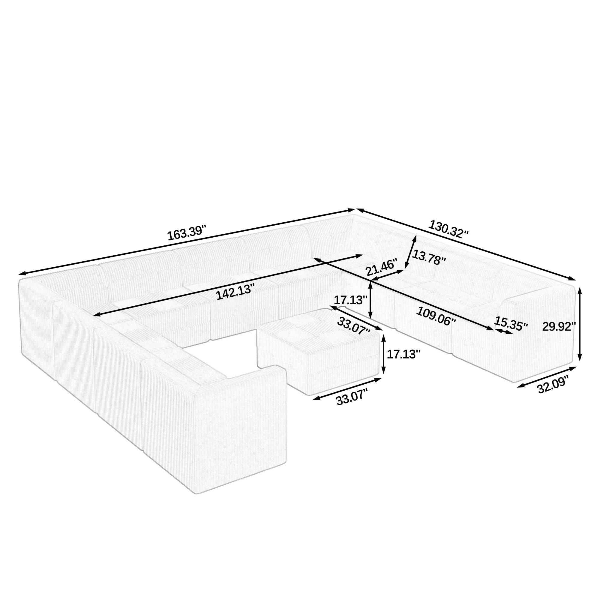 U shape Modular Sectional Sofa,DIY Compressed Sectional Sofa Modern Minimalist Style Corduroy Couch, Sleeper Sofa for Living Room, Bedroom, Comfy Compressed Sofa Couch Space-GREY
