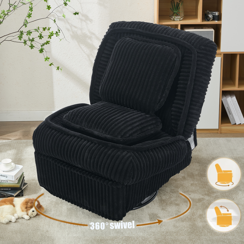 [NEW ARRIVED] 360° Swivel Rocking Single Sofa,Recliner Sofa, Manual Glider Rocking Armless Chair,Living Room Office, With Adjustable Backrest and Footrest and pillows, Small Spaces,Corduroy , Black