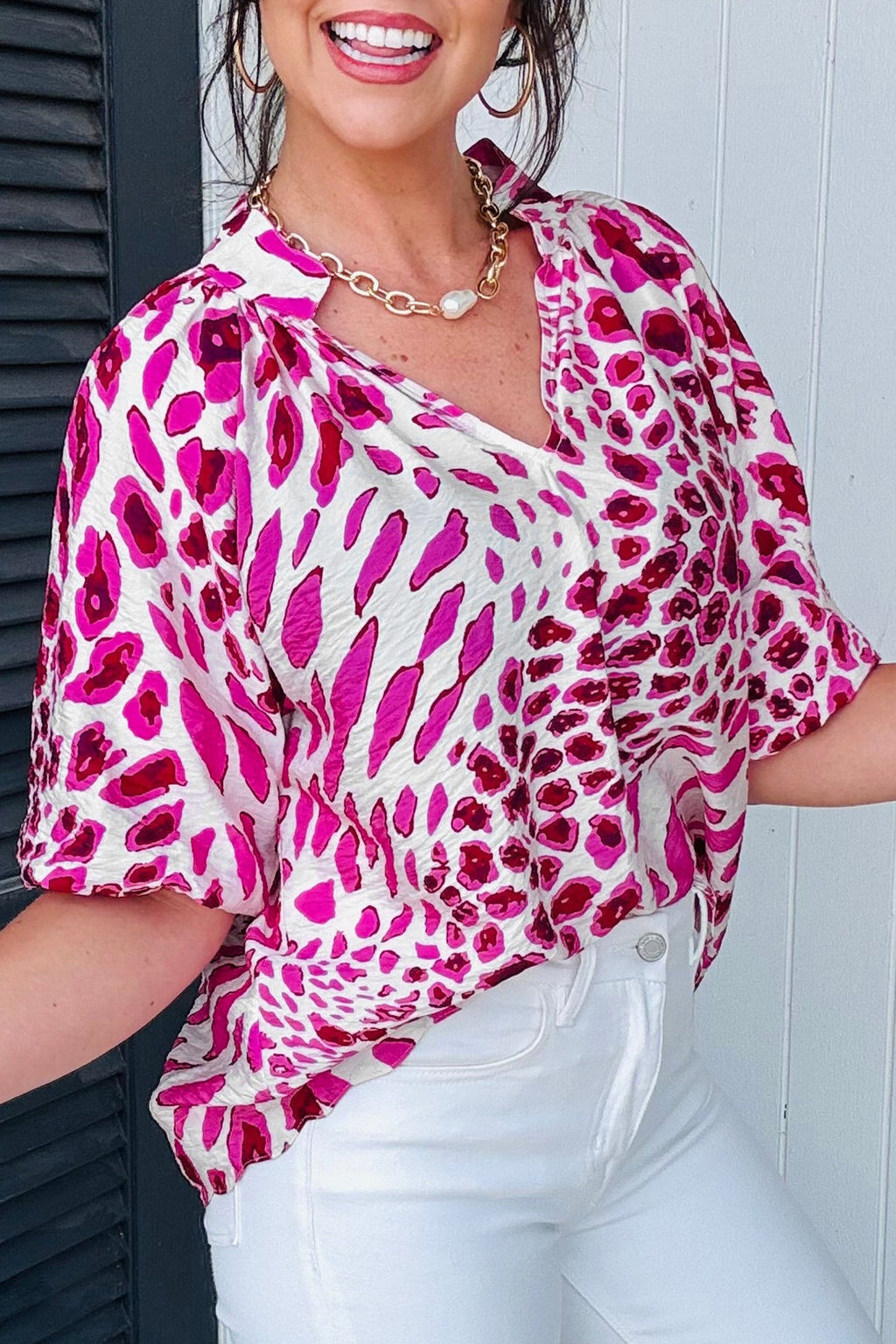 Leopard V-Neck Puffy 3/4 Sleeve Ruffle Blouse