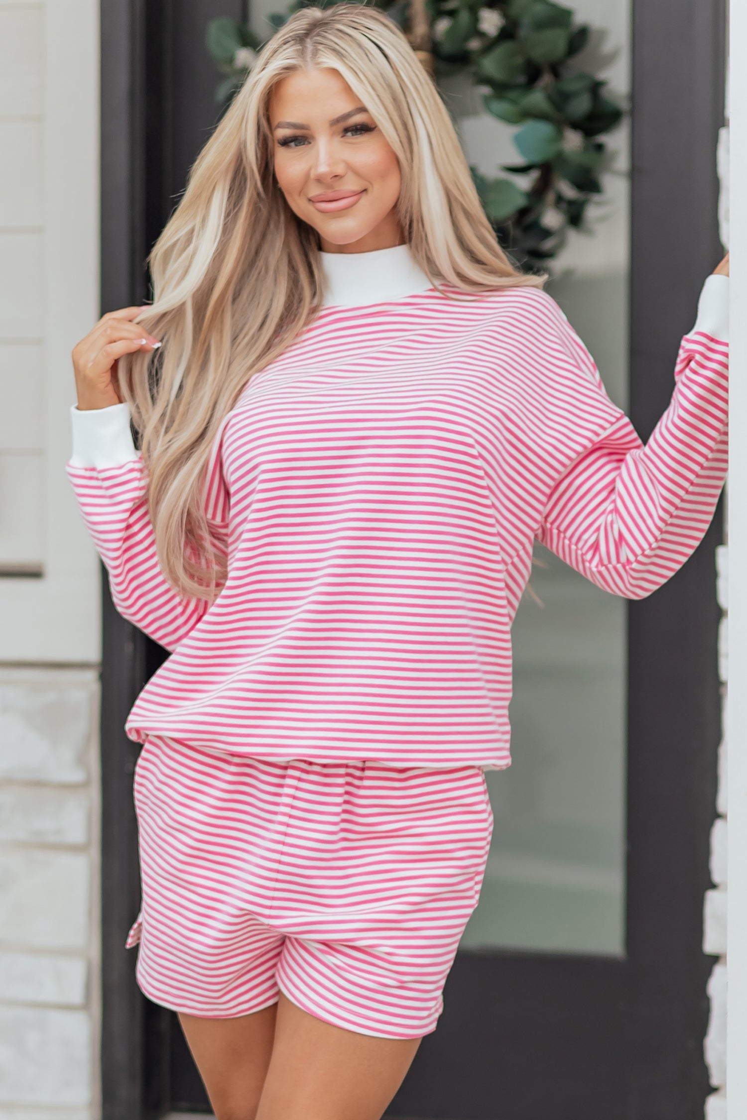 Stripe Oversize Mock Neck Sweatshirt & Shorts Set