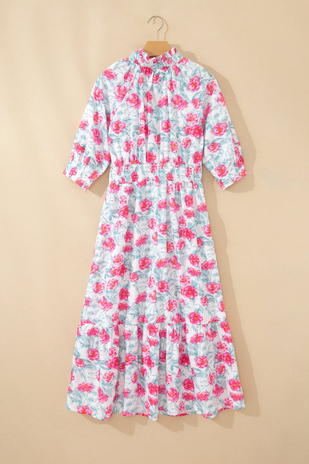 Floral Tie V-Neck Puff Sleeve Midi Dress