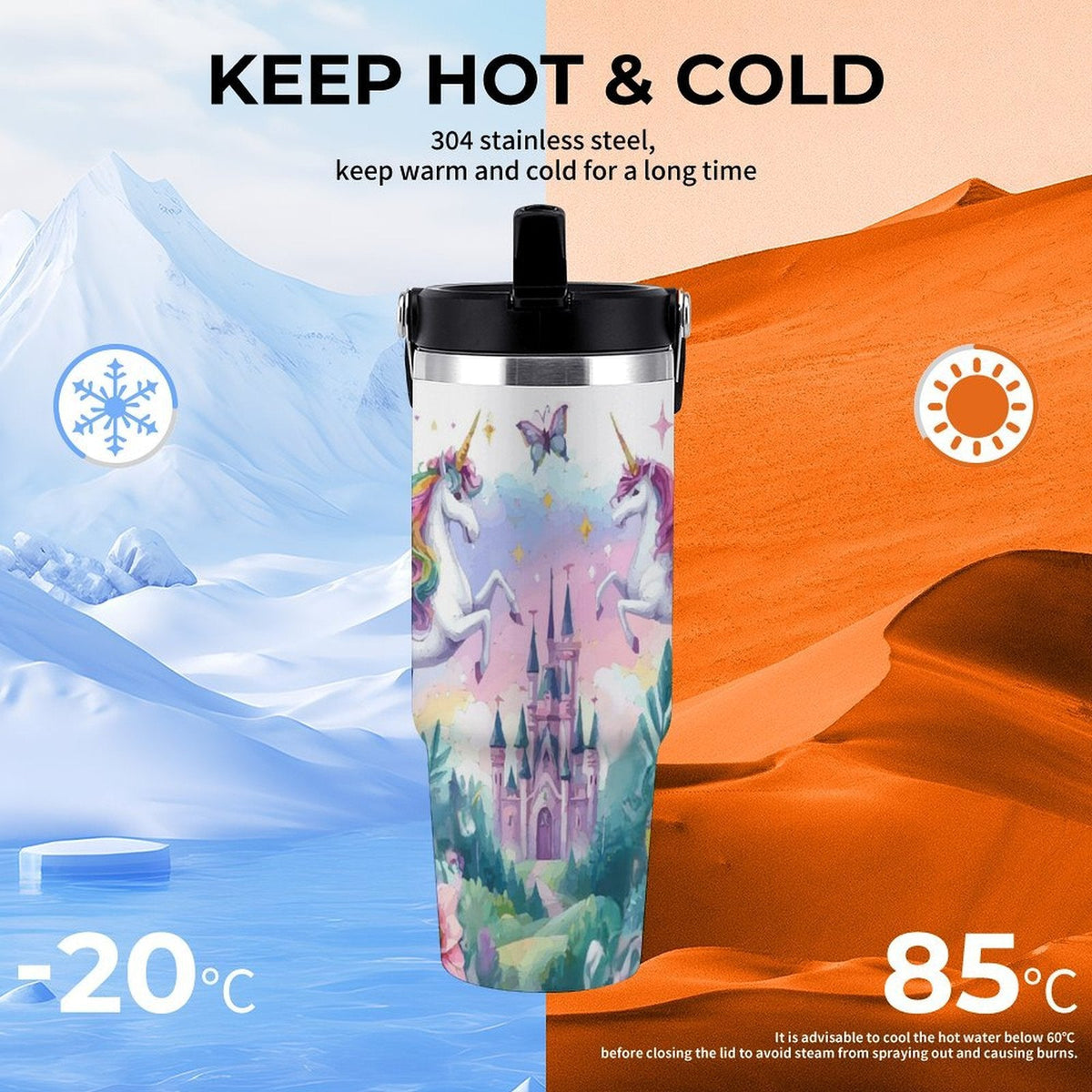 Purple Unicorn and Castle 30 oz Water Bottle Tumbler