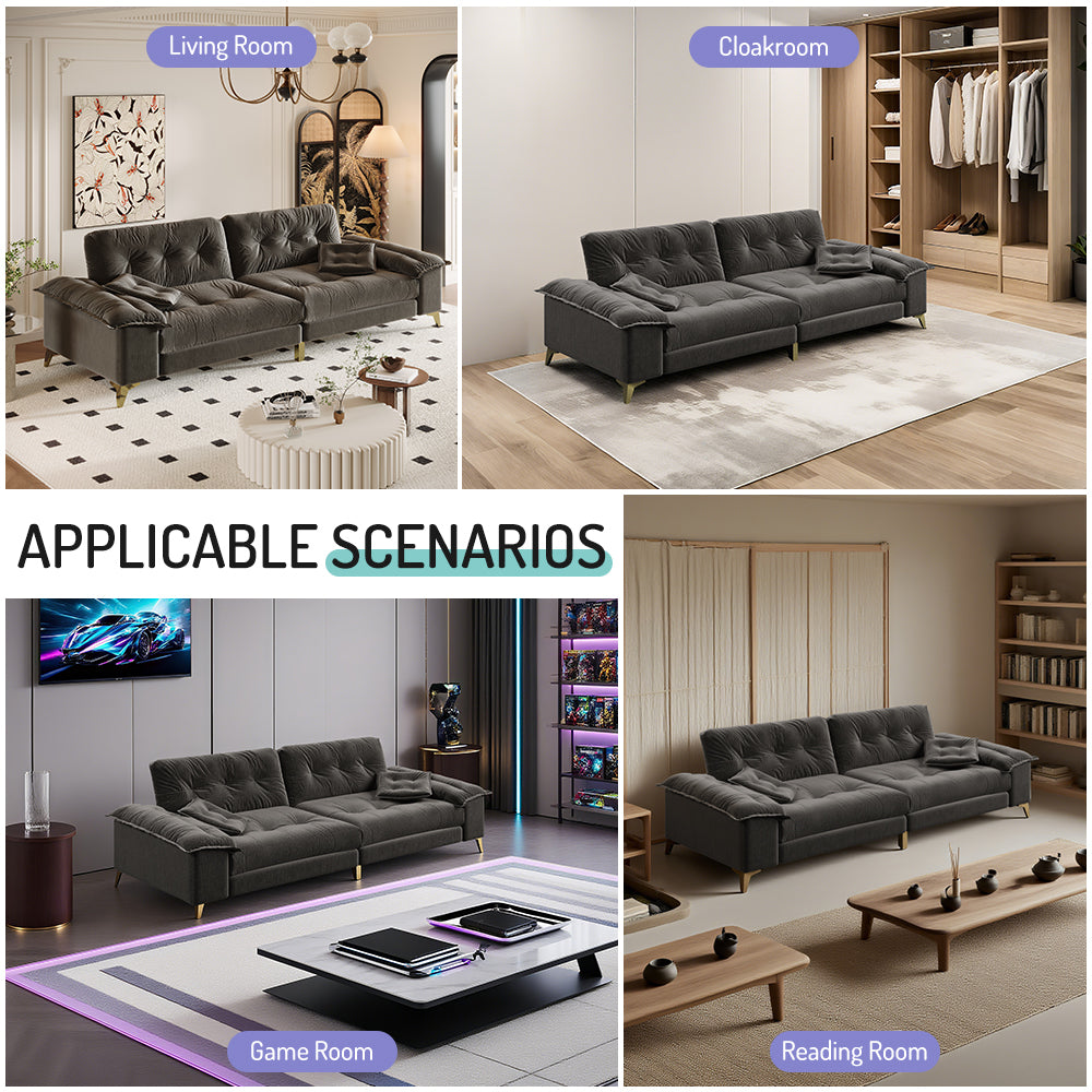 104.7 ' Modern 4-Seat Cloud Sofa with Wide Removable Armrests, Tufted Sofa with Metal Legs,Comfy Chenille Upholstered Couch with 2 Pillows for Living Room,Bedroom,Apartment, Office,Studio,Dark Gery