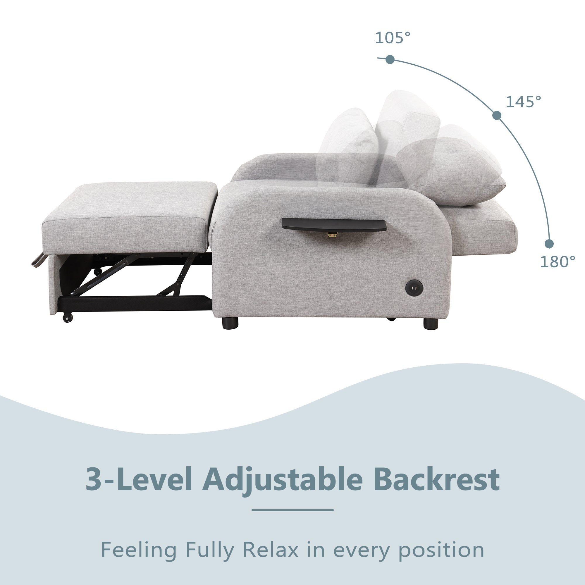 3-in-1 Pull Out Sofa Sleeper with Wing Table and USB Charge, Gray Linen, Iron Frame, 36.2-71.7'D x 42.9'W x 35.8'H