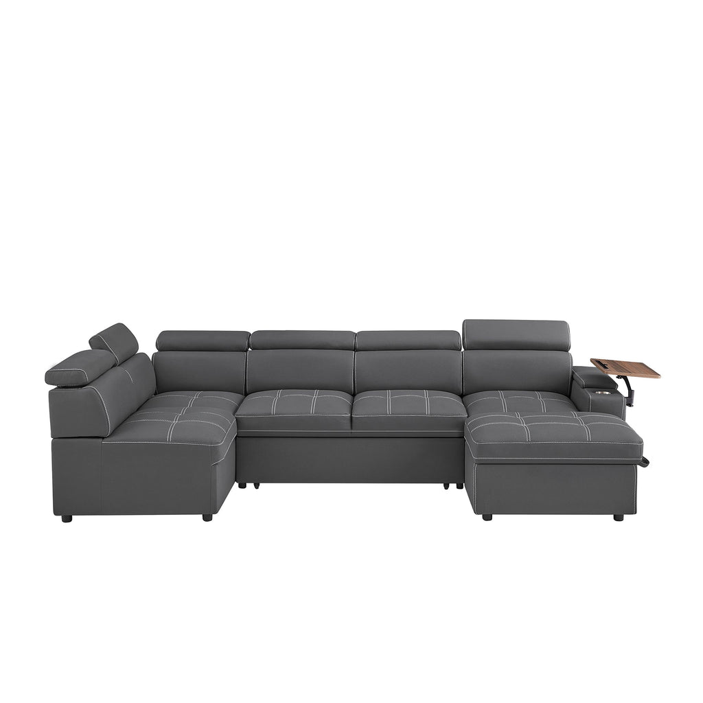 Grey Fabric Sectional Sofa with Storage Ottoman
