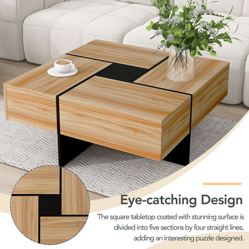 ON-TREND Unique Design Coffee Table with 4 Hidden Storage Compartments, Square Cocktail Table with Extendable Sliding Tabletop, UV High-gloss Design Center Table for Living Room, 31.5'x 31.5'