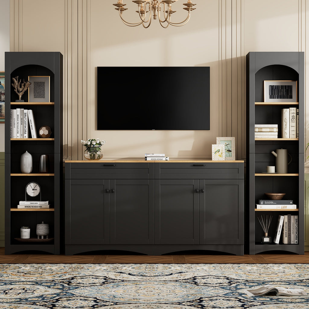 ON-TREND 3-Piece Farmhouse Entertainment Center with Storage Cabinet for TVs Up to 70', Mid-Century TV Stand with Bookshelf, Rustic Versatile Sideboard with Adjustable Shelves for Living Room, Black