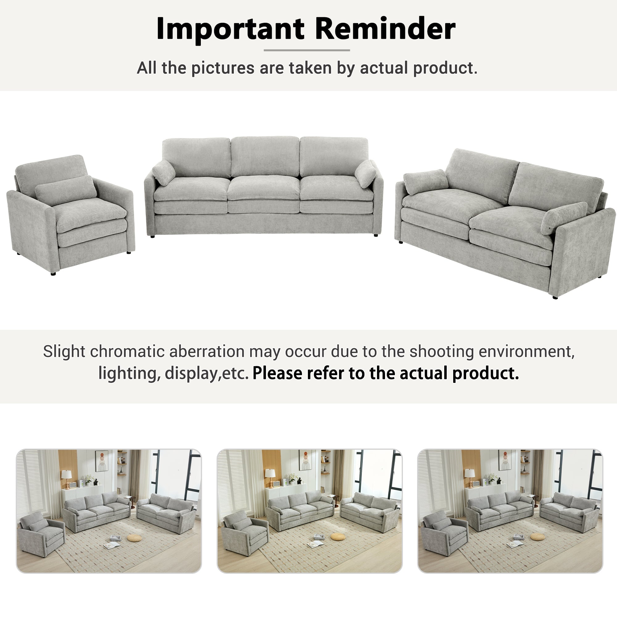 Cozy Upholstered Sofa Set with Double Cushion Design, Light Grey Chenille Fabric, Modern Living Room Couch