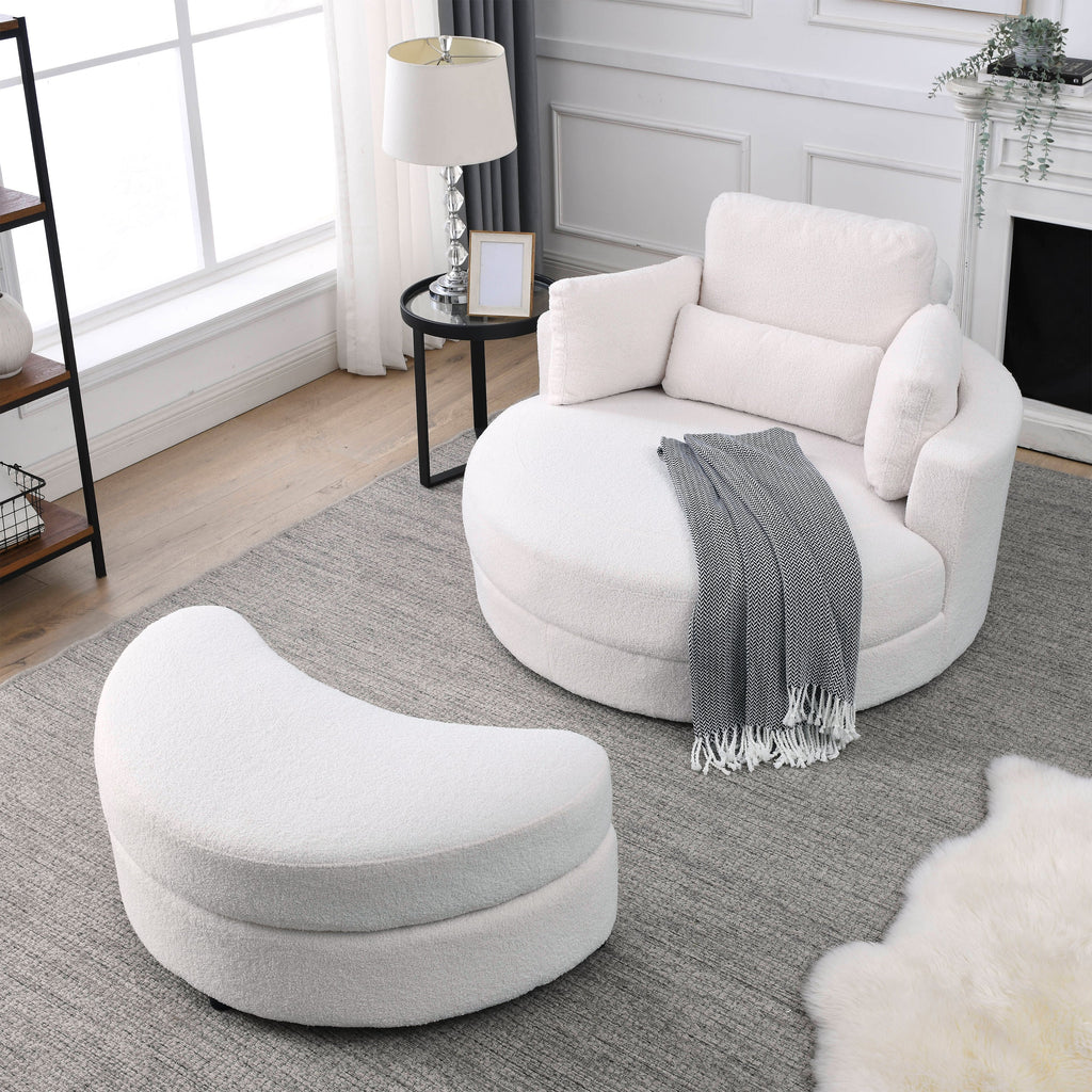[Video] Welike Swivel Accent Barrel Modern Sofa Lounge Club Big Round Chair with Storage Ottoman TEDDY Fabric for Living Room Hotel with Pillows. *2PCS,Teddy White (Ivory)