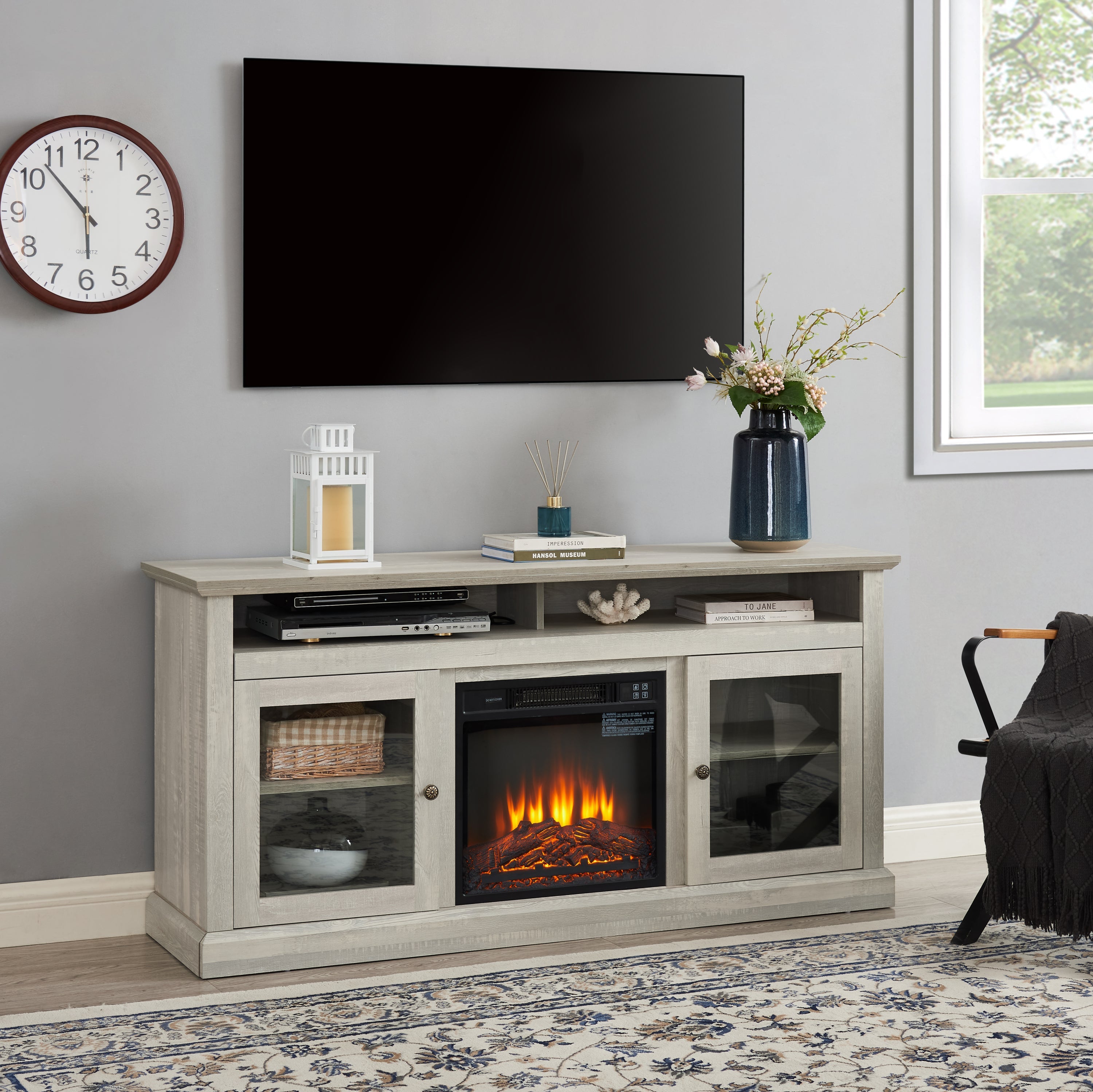 Contemporary TV Media Stand Modern Entertainment Console with 18' Fireplace Insert for TV Up to 65' with Open and Closed Storage Space, Stone Gray, 60'W*15.75'D*29'H