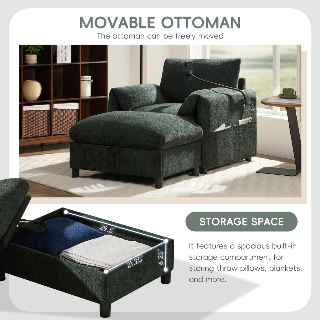 38' Single Sofa with Storage Ottoman, Adjustable Phone Holder, USB Charger, Side Storage Pockets, Pillow-Like Armrests, Wide Seat Chaise Lounge for Living Room&Apartment, Chenille, 4 Colors