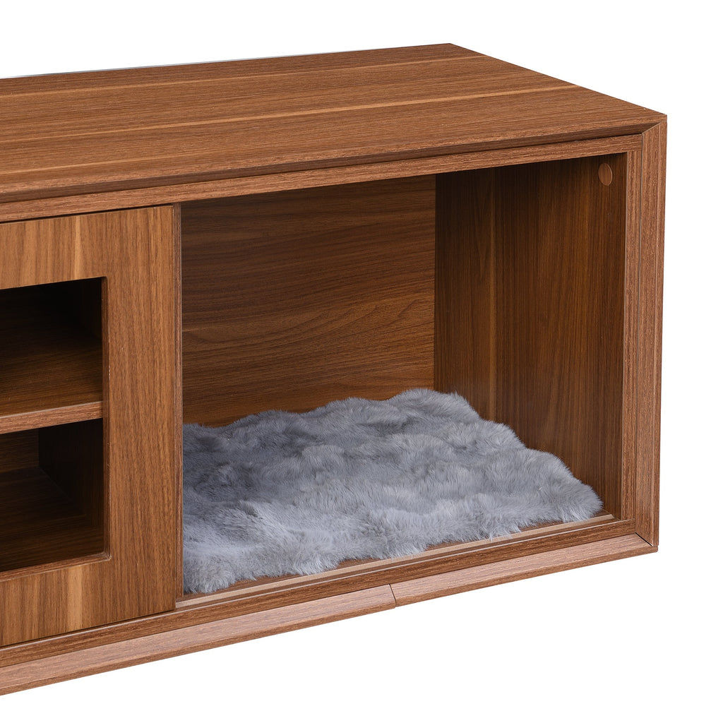 Mid-Century Modern 2 in 1 Cat Furniture, Cat House Litter Box Enclosure Walnut TV Stand With Extendable table, Sliding door. Wood TV Cabinet with Storage