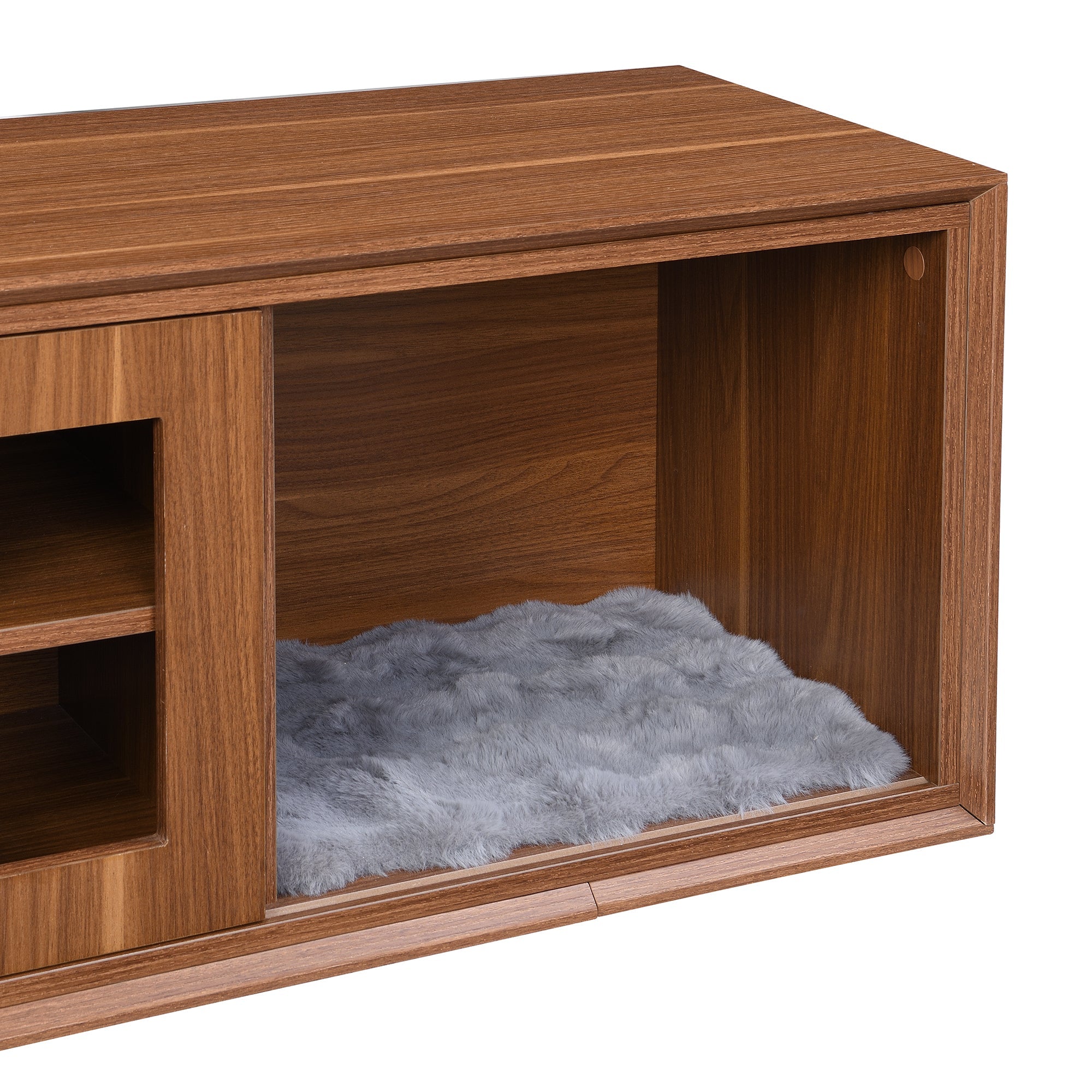 Mid-Century Modern 2 in 1 Cat Furniture, Cat House Litter Box Enclosure Walnut TV Stand With Extendable table, Sliding door. Wood TV Cabinet with Storage