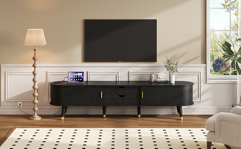 [Assembly Video]Wooden Oval Fluted TV Stand with Charging Station for TV up to 80', Mid-Century Media Console with Sliding Tambour Door, Farmhouse TV Cabinet with Golden Handle for Living Room, Black