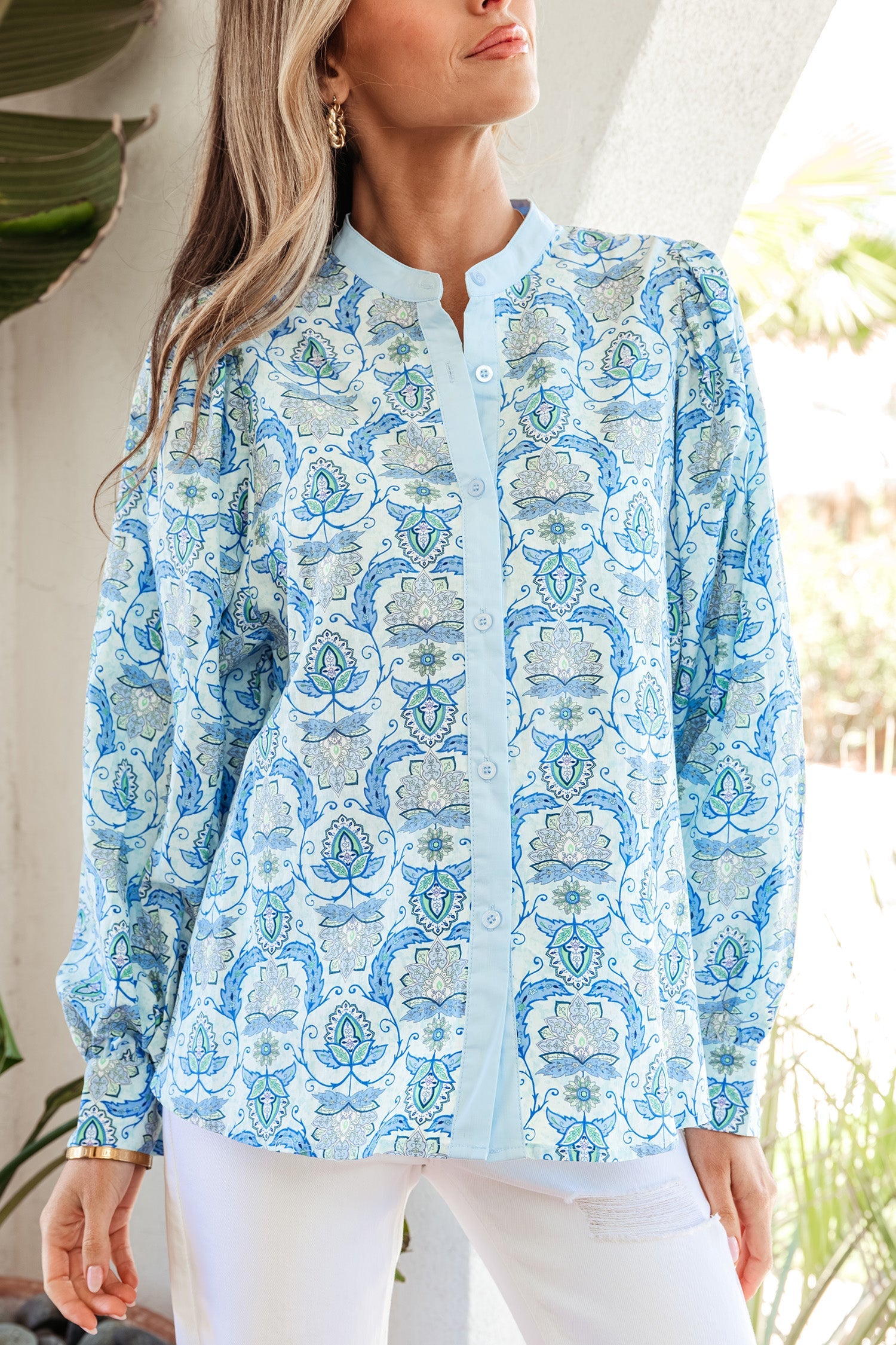 Paisley Long Puff Sleeve Buttoned Shirt