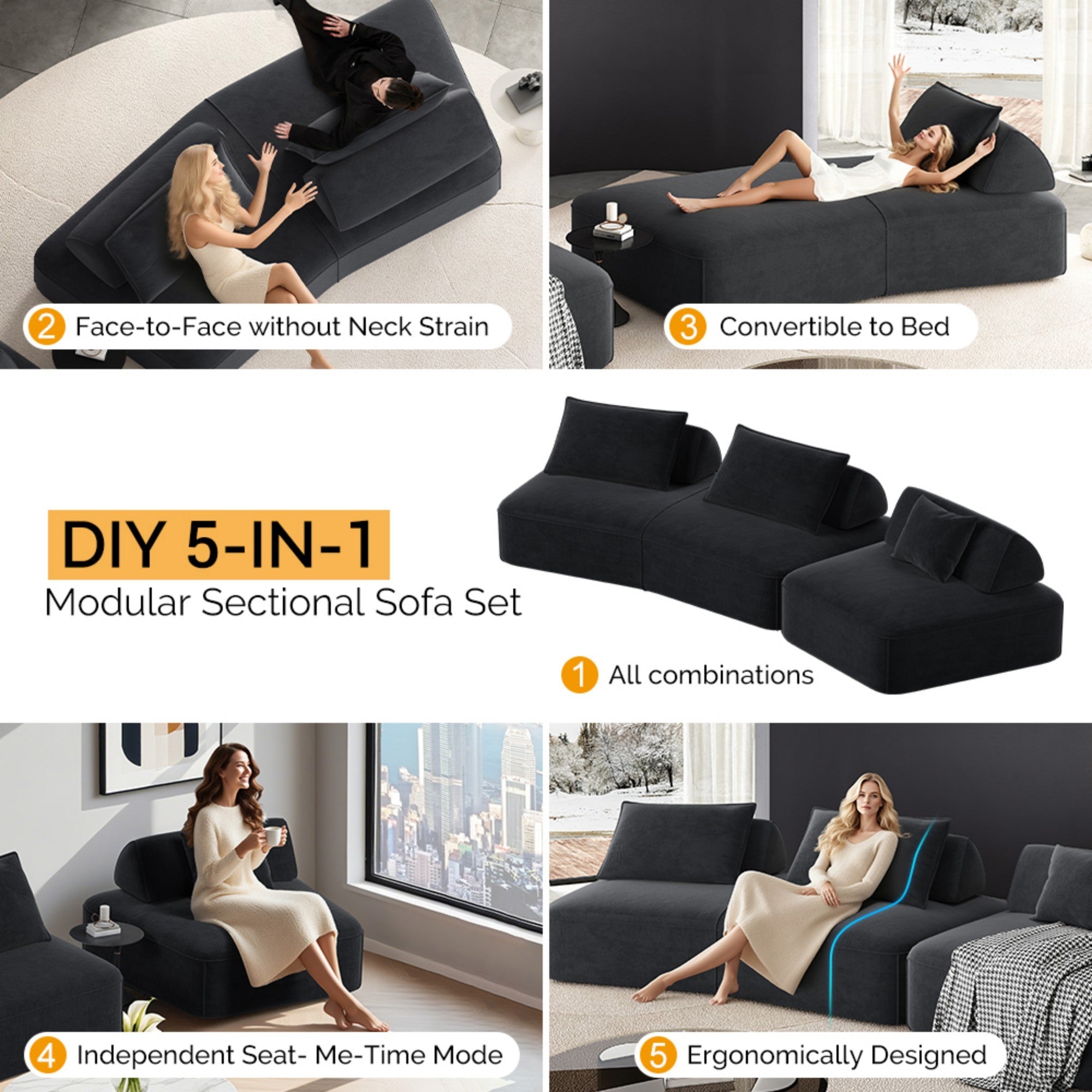 139' Modern Light Luxury Oversized Modular Sectional Sofa Set,DIY Upholstered Fluffy Chenille Sofa with Removable Backrests and Soft Pillows,Deep Seat Couch & Sofa Bed for Living Room,Office,Dark Grey