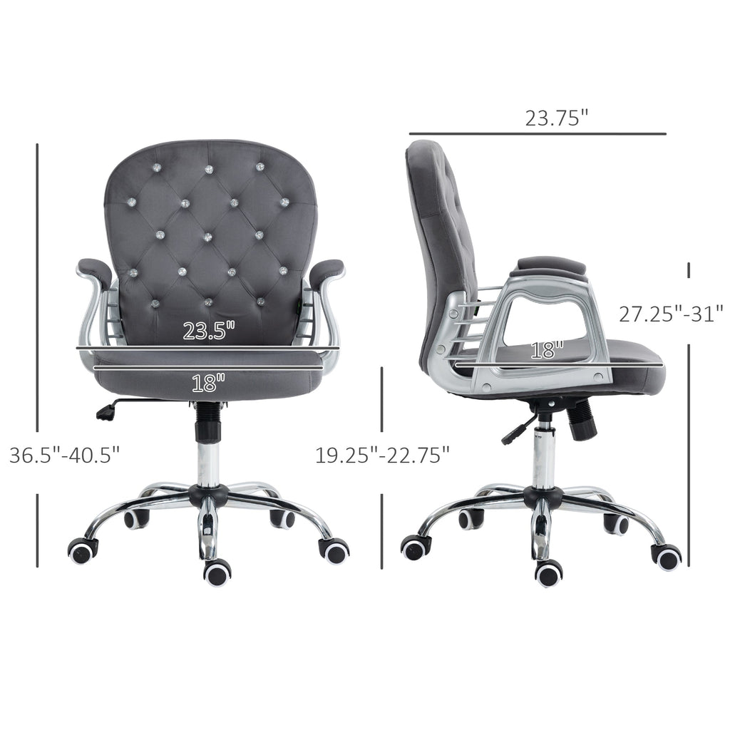 Vinsetto Velvet Home Office Chair, Button Tufted Desk Chair with Padded Armrests, Adjustable Height and Swivel Wheels, Dark Gray