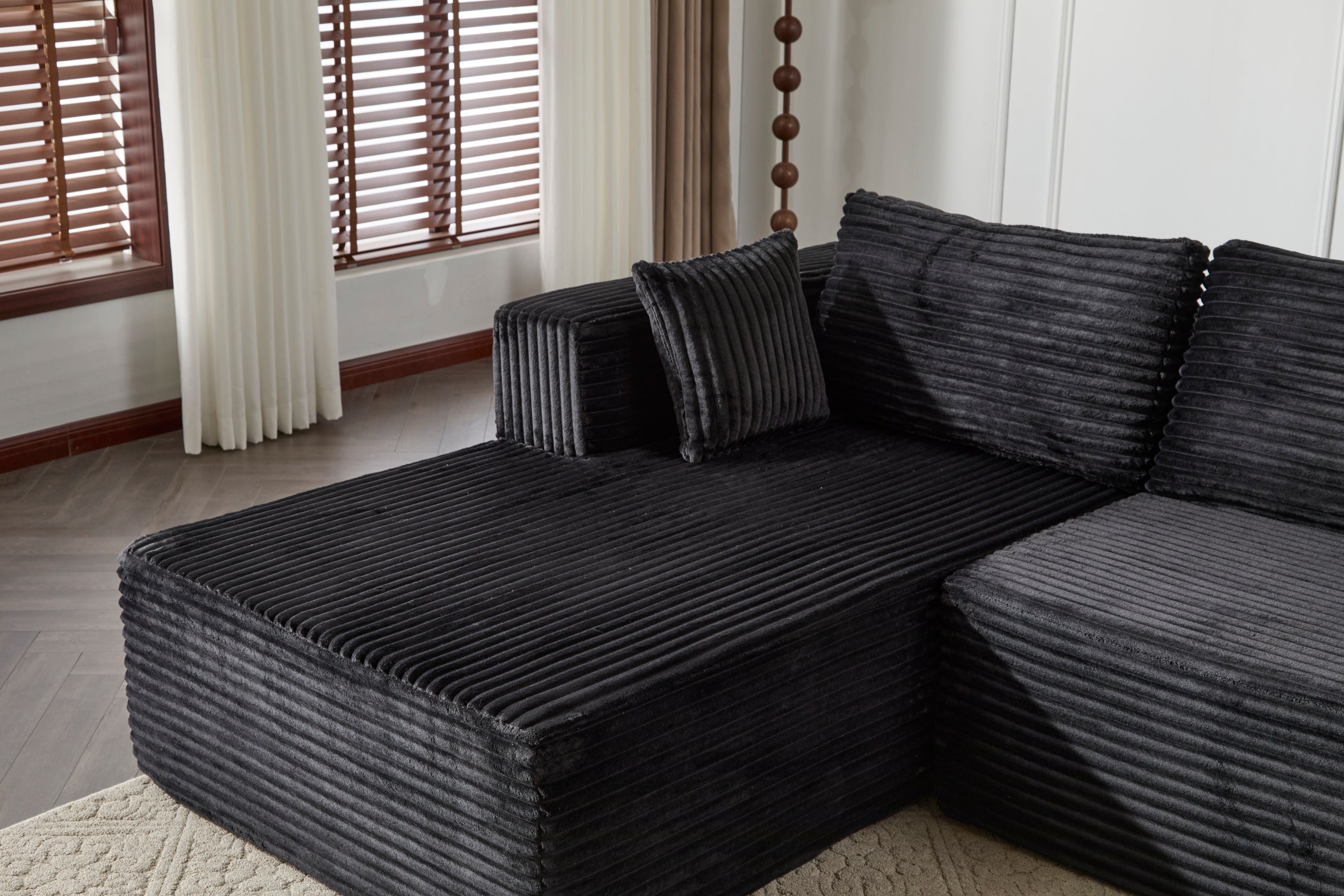 Compression Sectional Couch with Comfy Chaise, Boneless L Shape Sofa with Deep Seat, Minimalist Modular Couches Sleeper for Living Room Bedroom Apartment Lounge,corduroy,Black