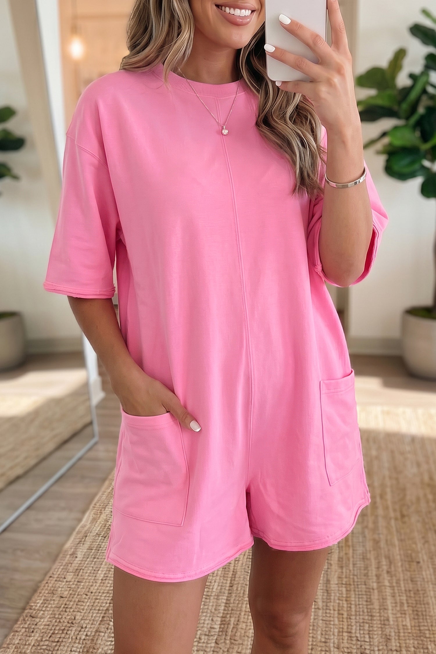 Solid Raw Edge Short Sleeve Pocketed Romper