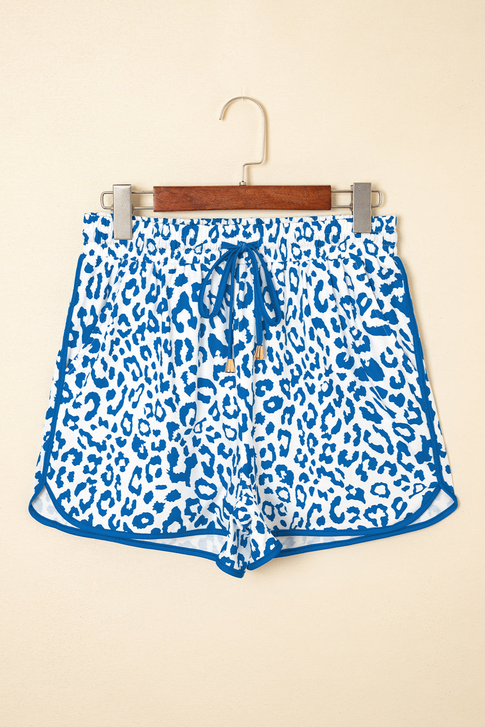 Leopard Contrast Trim Elastic Waist Drawstring Shorts