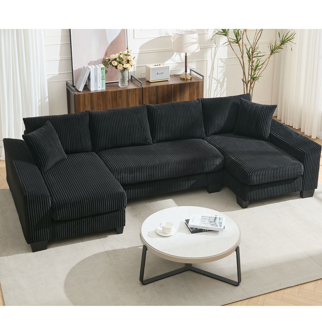 [NEW ARRIVED] [VIDEO PROVIDED]   114' Sleeper Sofa,U Shaped Sofa , Pull Out Bed,Convertible Oversize 2 in 1 Sleeper Sofa, Living Room,Upholstery Sofa Bed,Adjustable Sleeper Sofa,Corduroy,Black