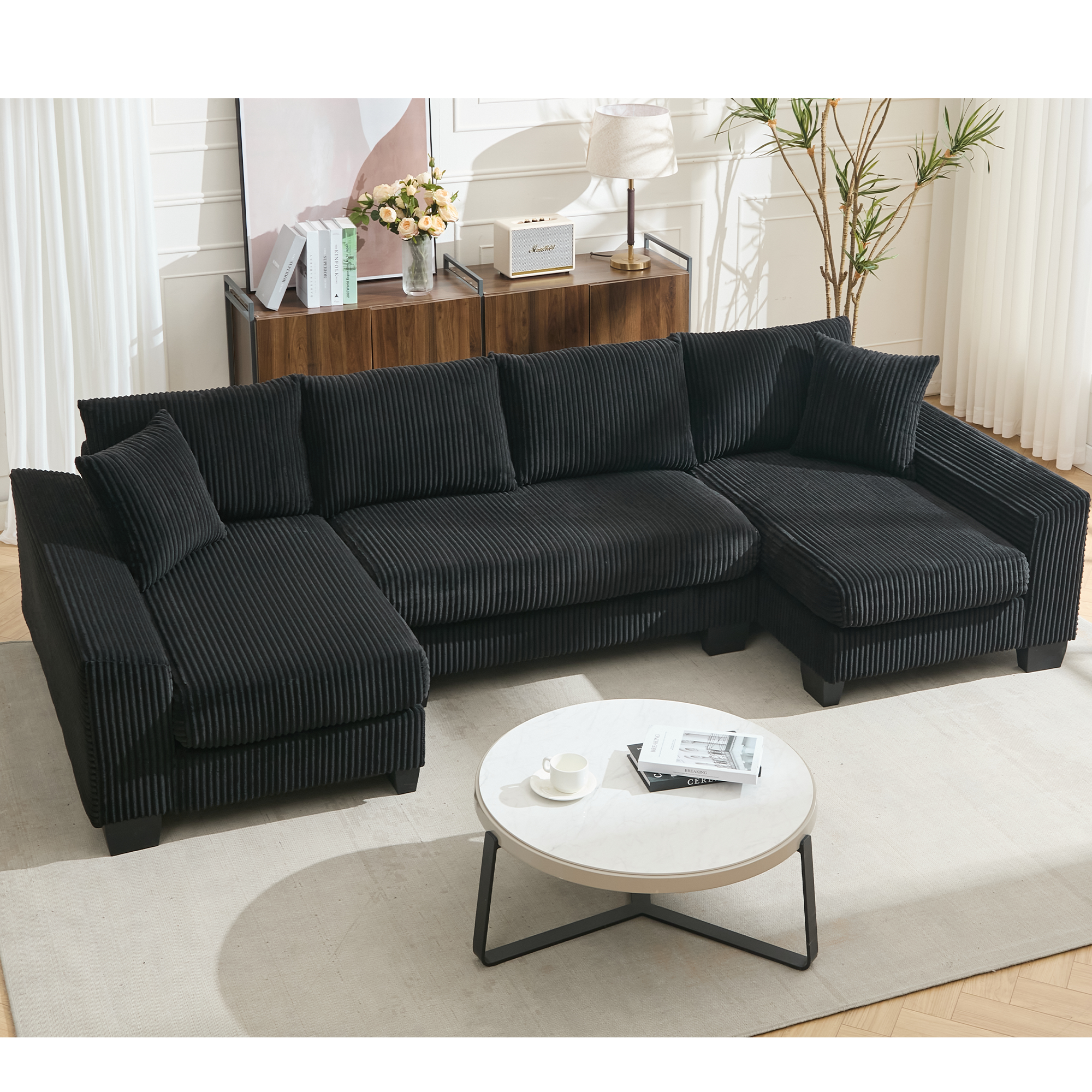 [NEW ARRIVED] [VIDEO PROVIDED]   114' Sleeper Sofa,U Shaped Sofa , Pull Out Bed,Convertible Oversize 2 in 1 Sleeper Sofa, Living Room,Upholstery Sofa Bed,Adjustable Sleeper Sofa,Corduroy,Black