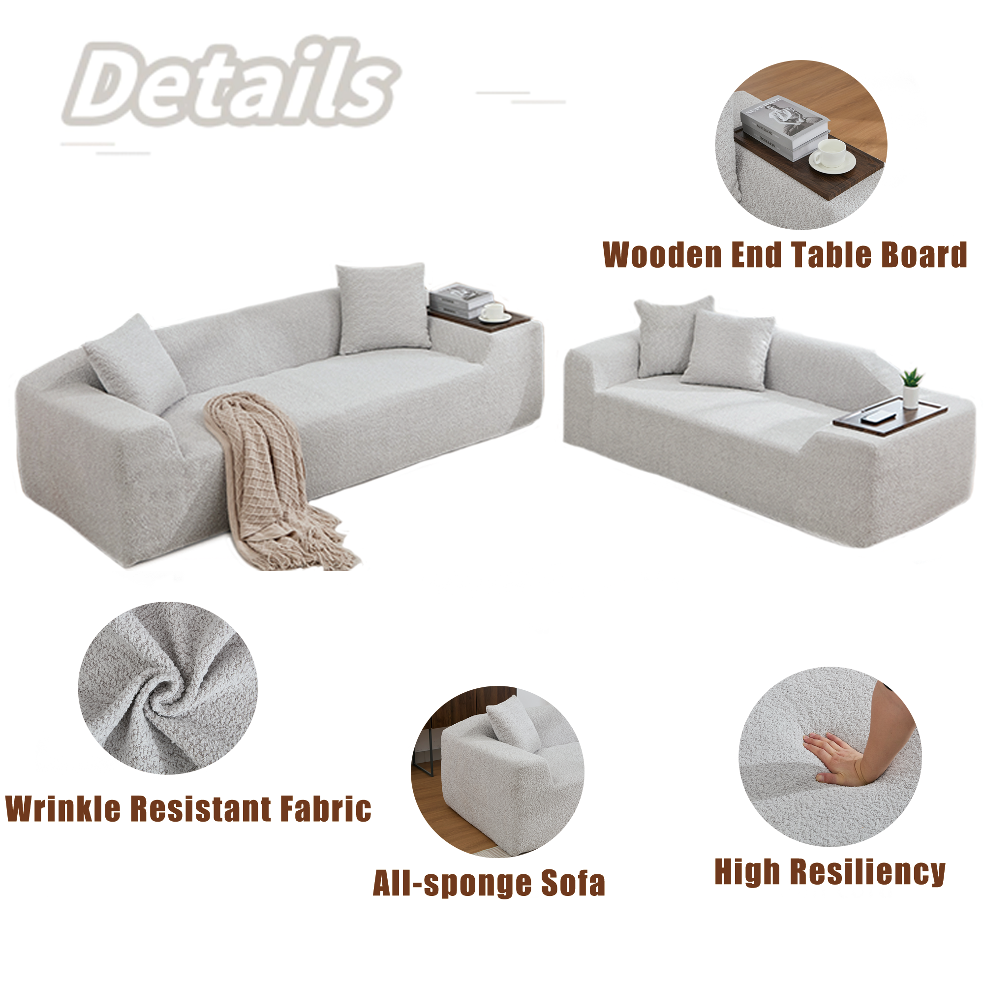 [NEW ARRIVED] [VIDEO PROVIDED]2 Piece Boucle Cloud Sofa Set, Upholstered Sofa Set, Modern 3 Seater and 2 Seater Sofa  with MDF End Table for Living Room ,Apartment,3+2 couch,Boucle, Light Gray