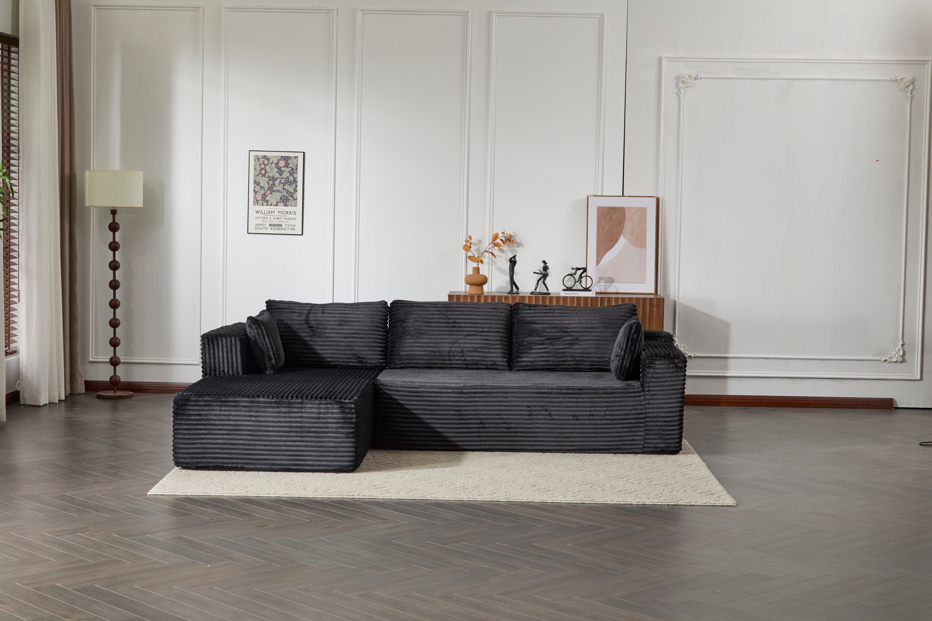 Compression Sectional Couch with Comfy Chaise, Boneless L Shape Sofa with Deep Seat, Minimalist Modular Couches Sleeper for Living Room Bedroom Apartment Lounge,corduroy,Black