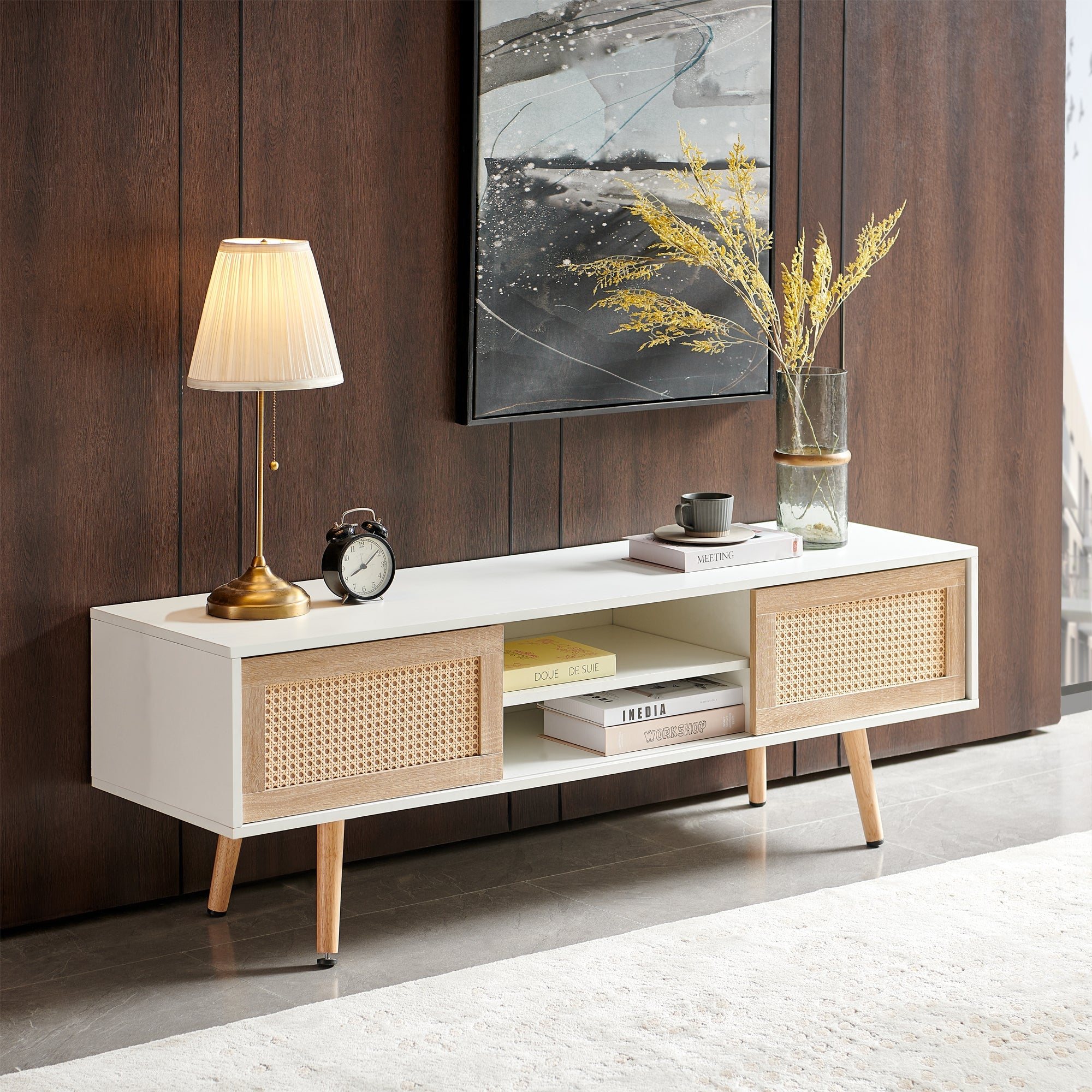 Modern Rattan TV Cabinet with Double Sliding Doors, Adjustable Shelf, Solid Wood Legs, White, 55.12 inches