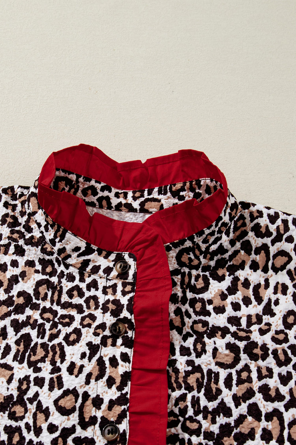 Leopard Contrast Frill V-Neck Trim Shirt