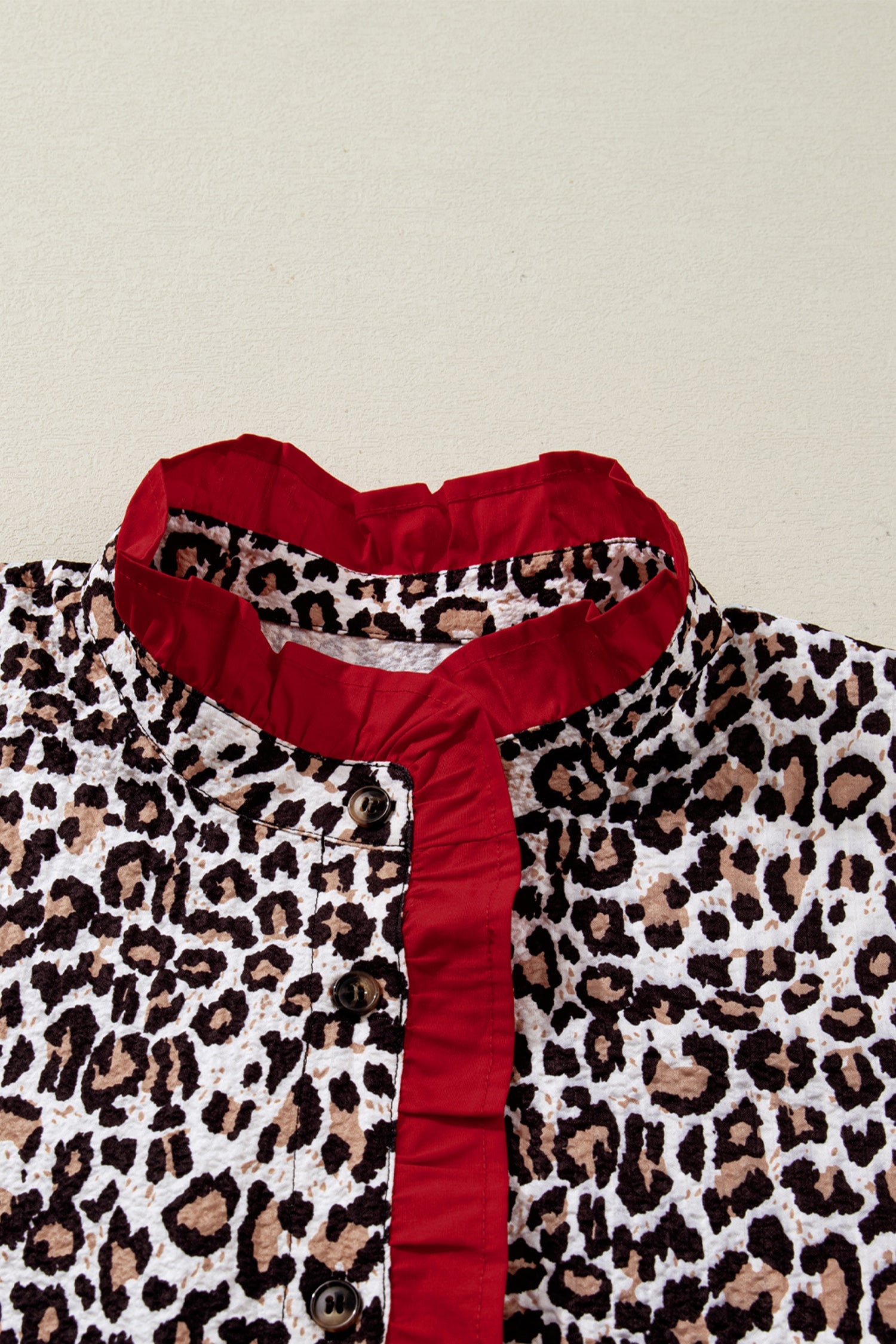 Leopard Contrast Frill V-Neck Trim Shirt
