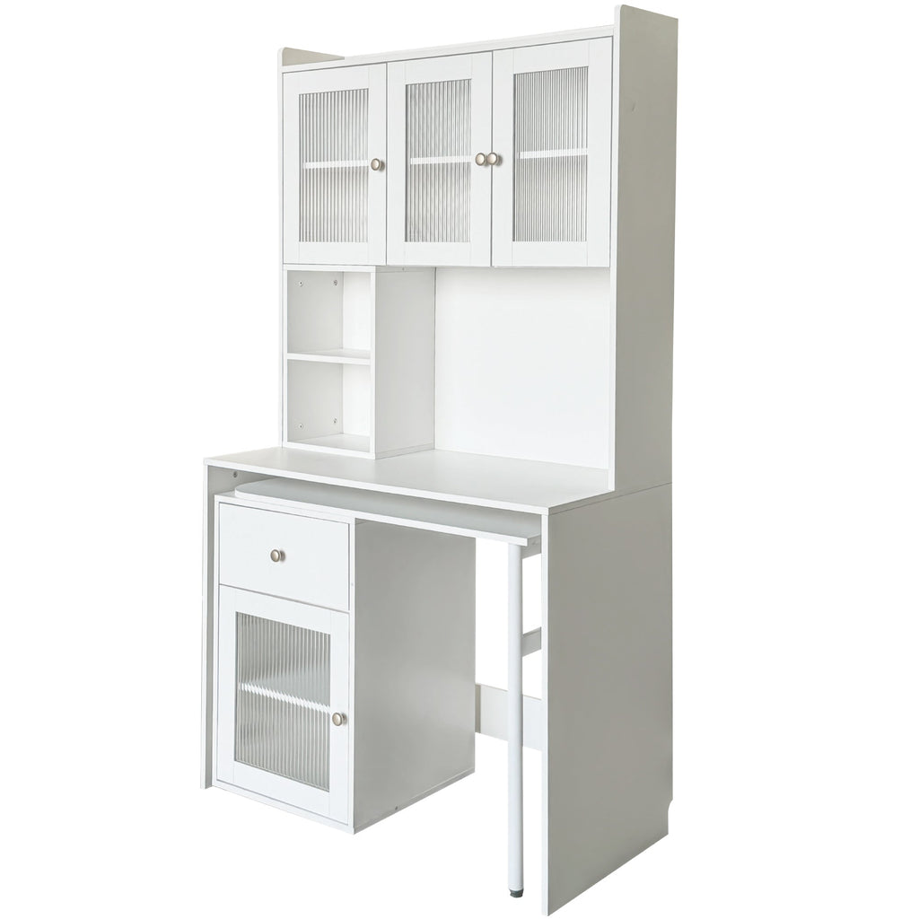 Computer Desk with glass door for Home Office or Study desk,  Bookshelf & Hutch, Computer Desk with 90 Degree Rotating Desktop,Large Working Space