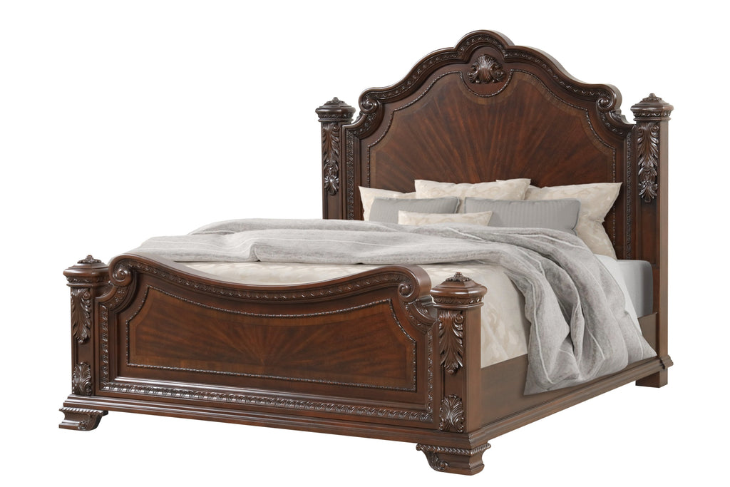 Traditional Style 4 Pc Queen Bedroom Set With Intricate Wood Carvings Made with Wood in Walnut