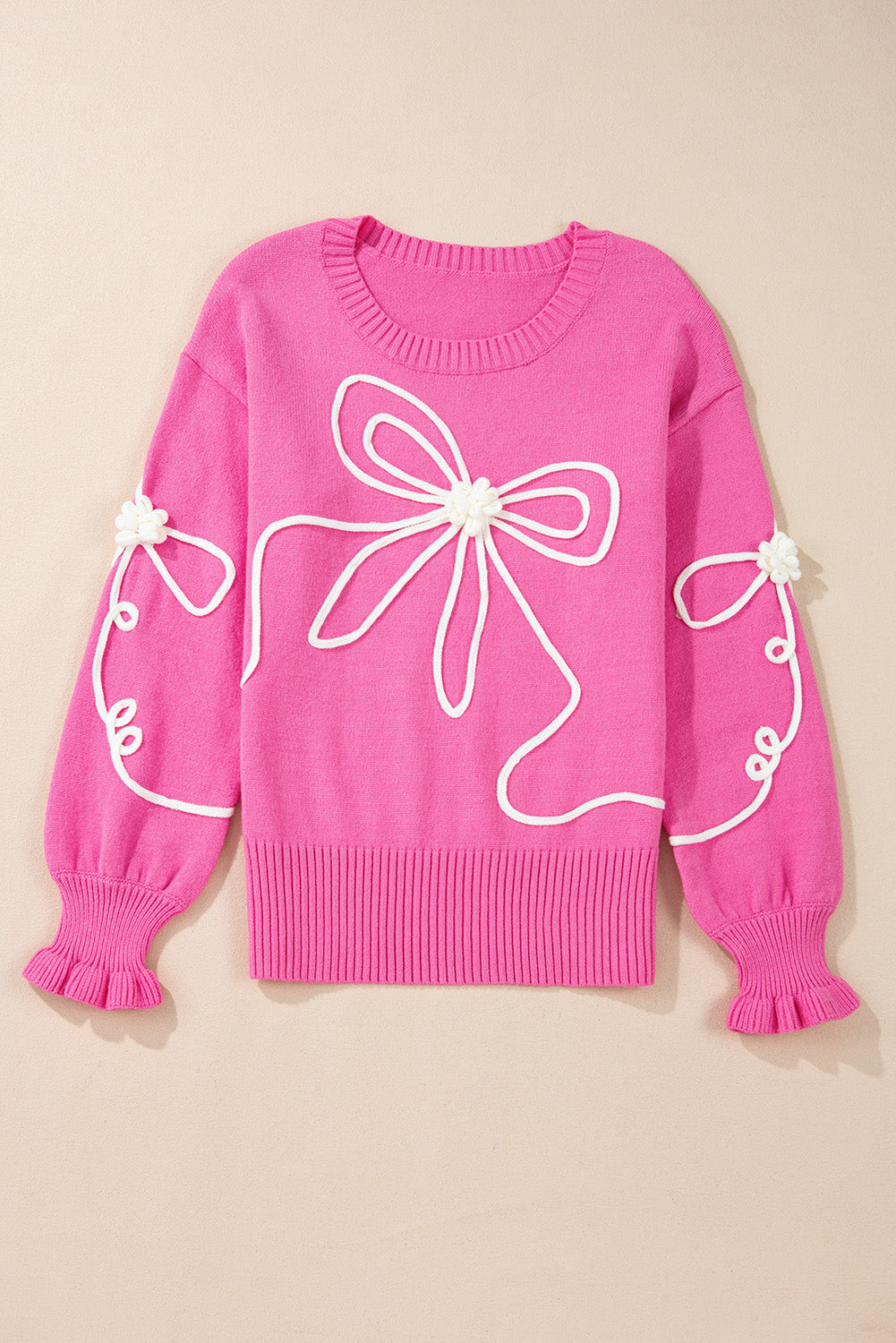 Valentine Bow Corded Embroidery Ruffle Cuff Sweater