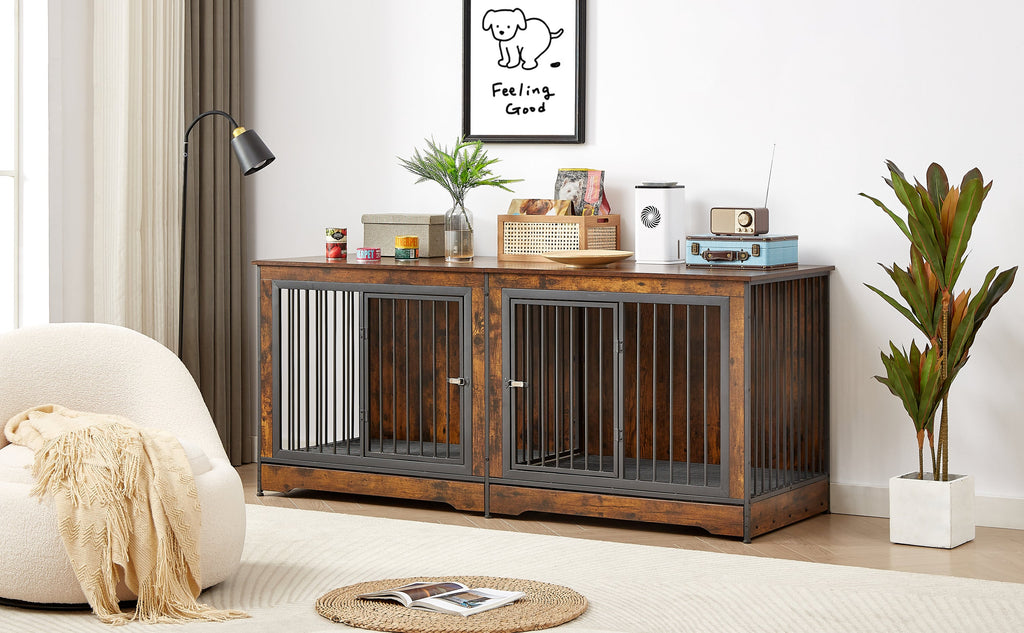 Super large dog crate furniture for two dogs with tray, TV stand. Rustic Brown, 75'' W x 26.4'' D x 32.3'' H.