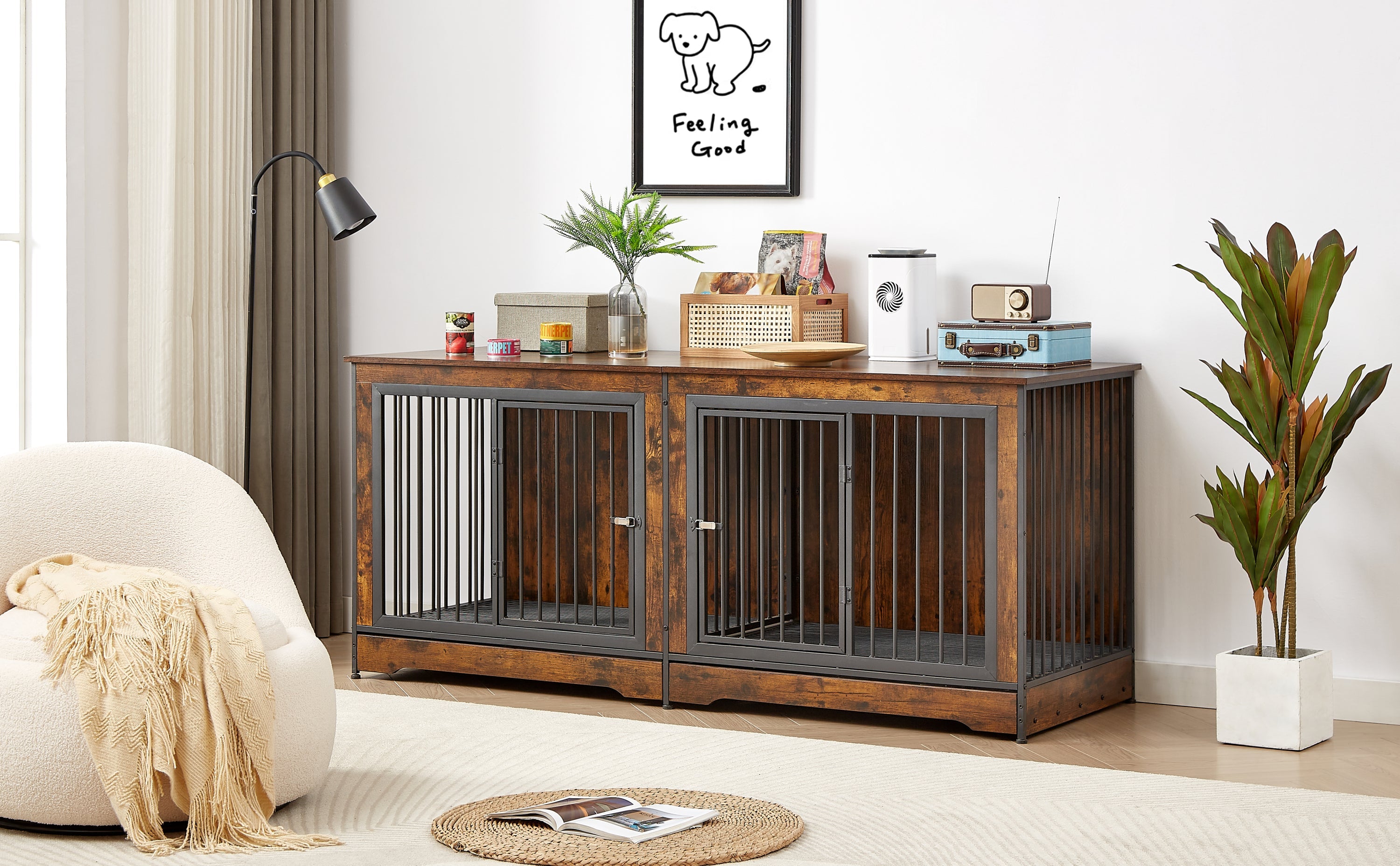 Super large dog crate furniture for two dogs with tray, TV stand. Rustic Brown, 75'' W x 26.4'' D x 32.3'' H.