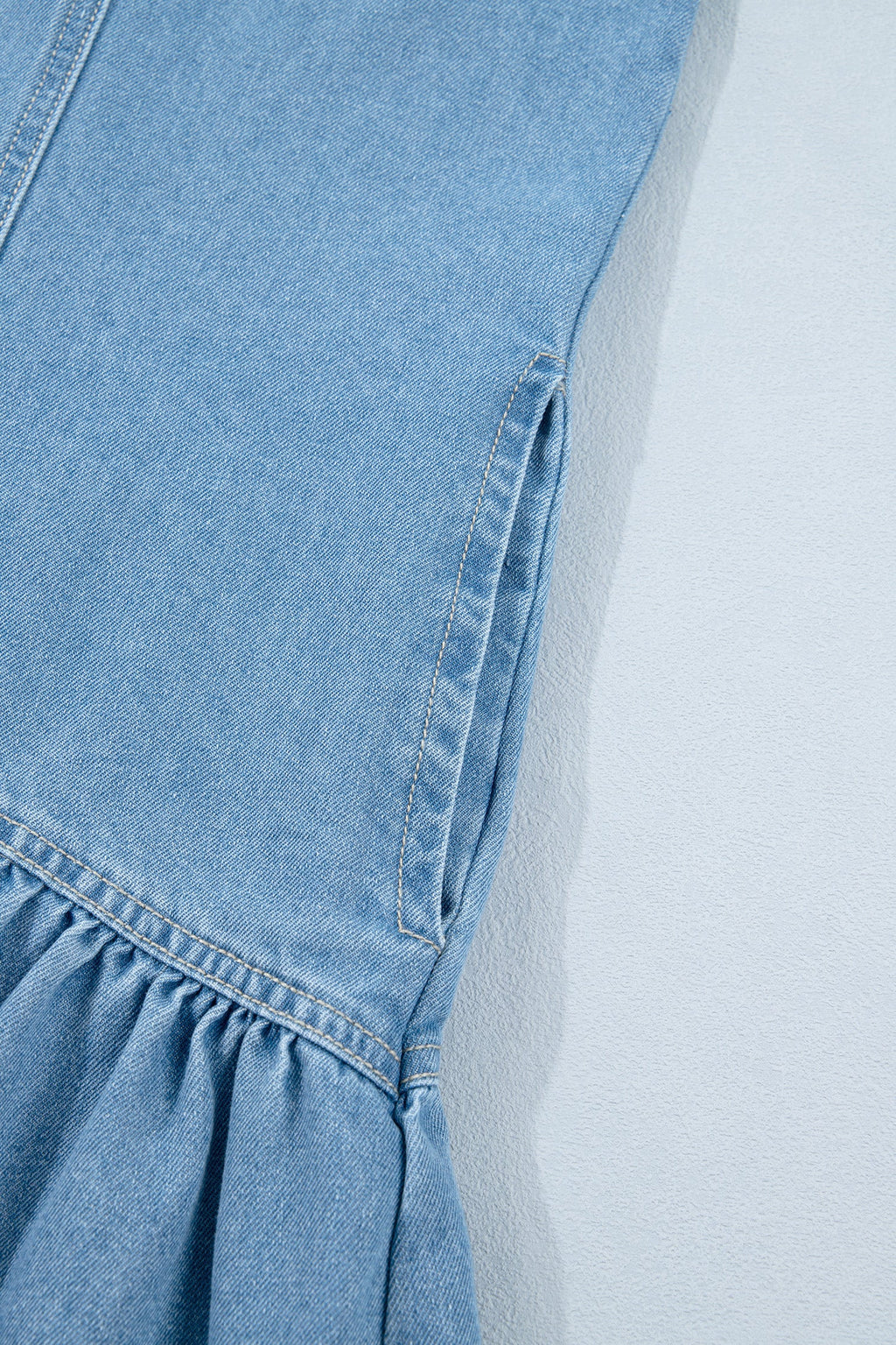 Denim Short Puff Sleeve Ruffle Hem Buttoned Dress
