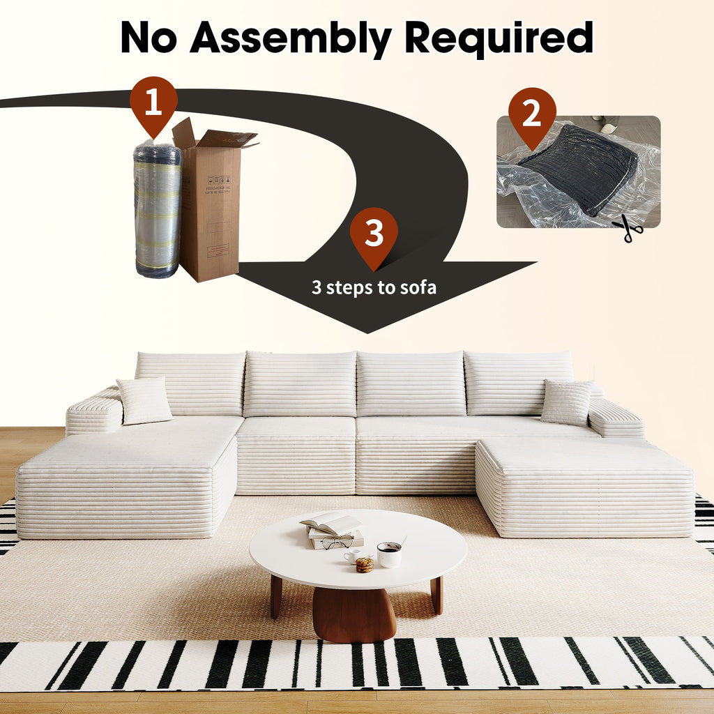 135' Cloud Sectional Sofa with 1 Ottoman,Modern Minimalist Upholstered Couches, Comfort U Shaped Sofa for Living Room,Deep Seat Corner Couch,No Assembly Required,Black (Plush Corduroy Fabric),White