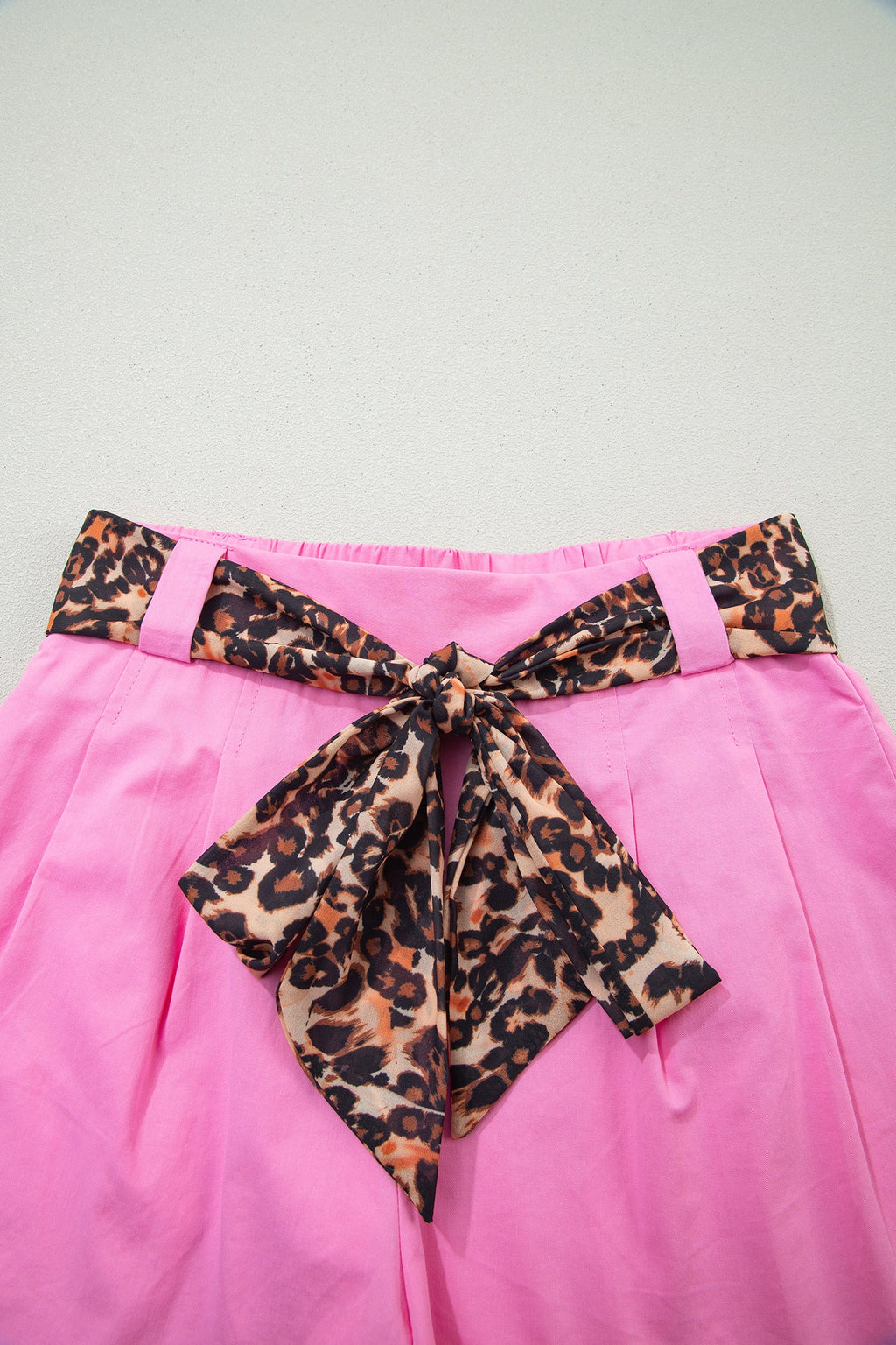Leopard Contrast Belt Pleated Wide Leg Shorts