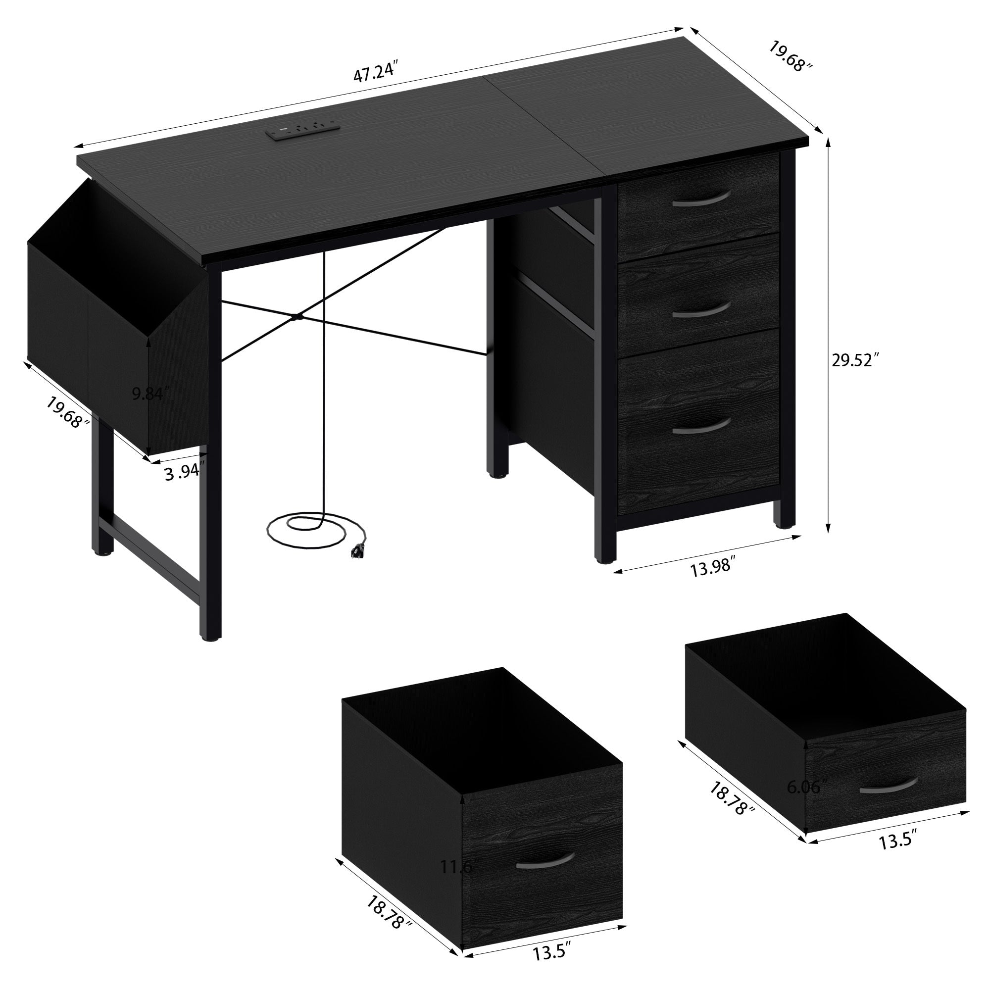 47.3'office desk with power outlet,3 drawers,Large Side Pocket, Desk Easy to Assemble,Frame stability Reversible,  for home desk, computer desk, game table,Writing desk,Vanity table, black