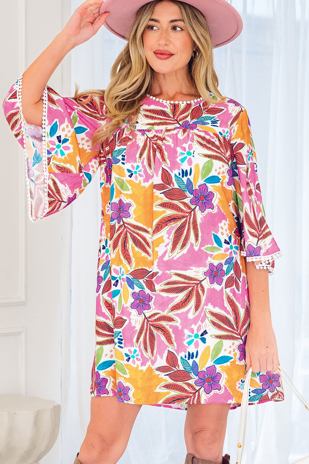 Floral Lace Trim 3/4 Sleeve Tie-Back Mini Dress