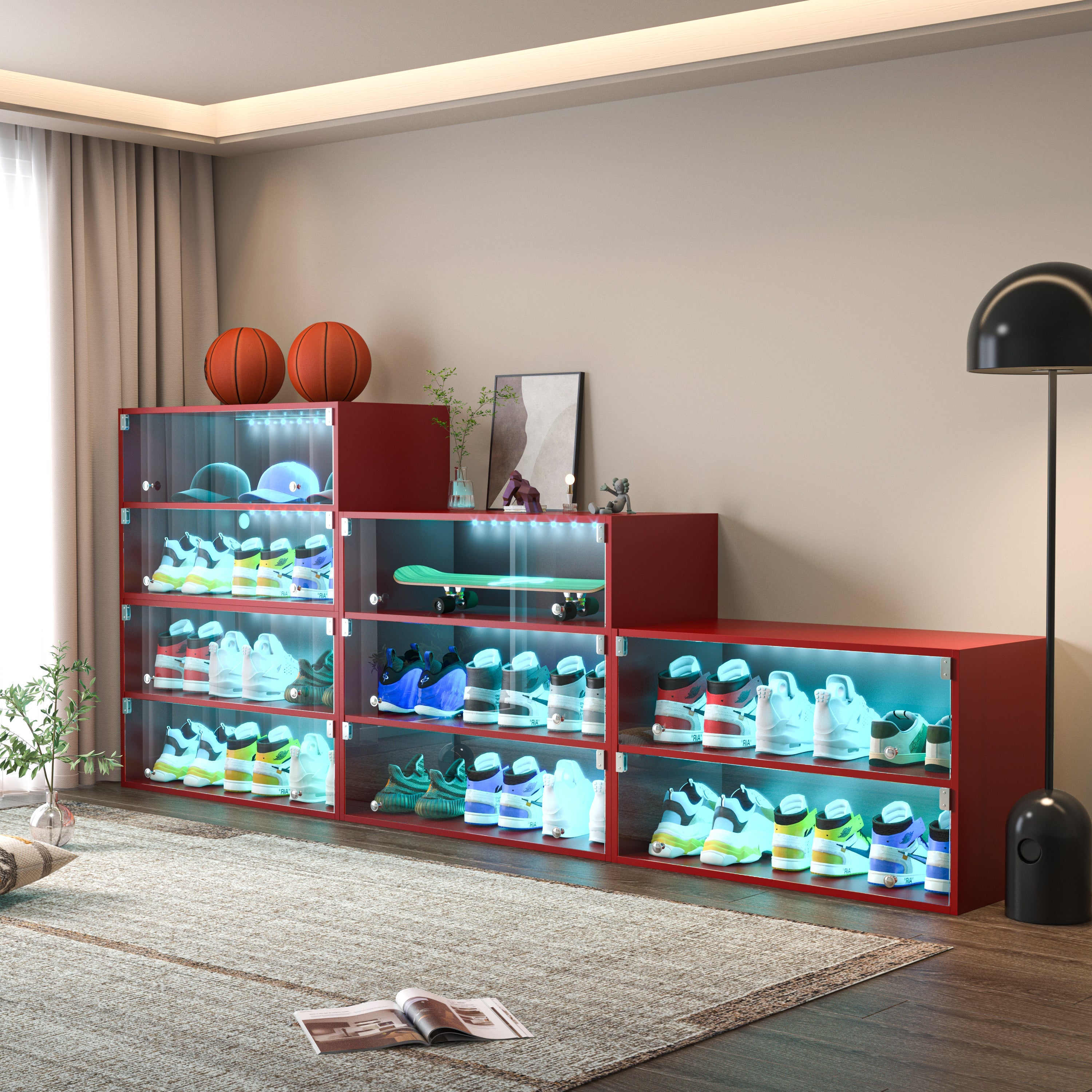 Red Glass Door Shoe Box Shoe Storage Cabinet For Sneakers With RGB Led Light