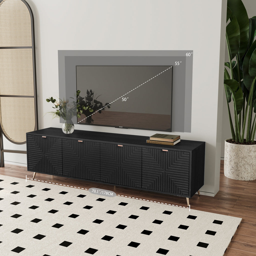 70'-90' Extendable TV Cabinet, Modern Entertainment Center with Storage and Adjustable Shelves, Lacquered and Real Wood Veneered TV Console for Living Room, Hallway, Entryway, Black