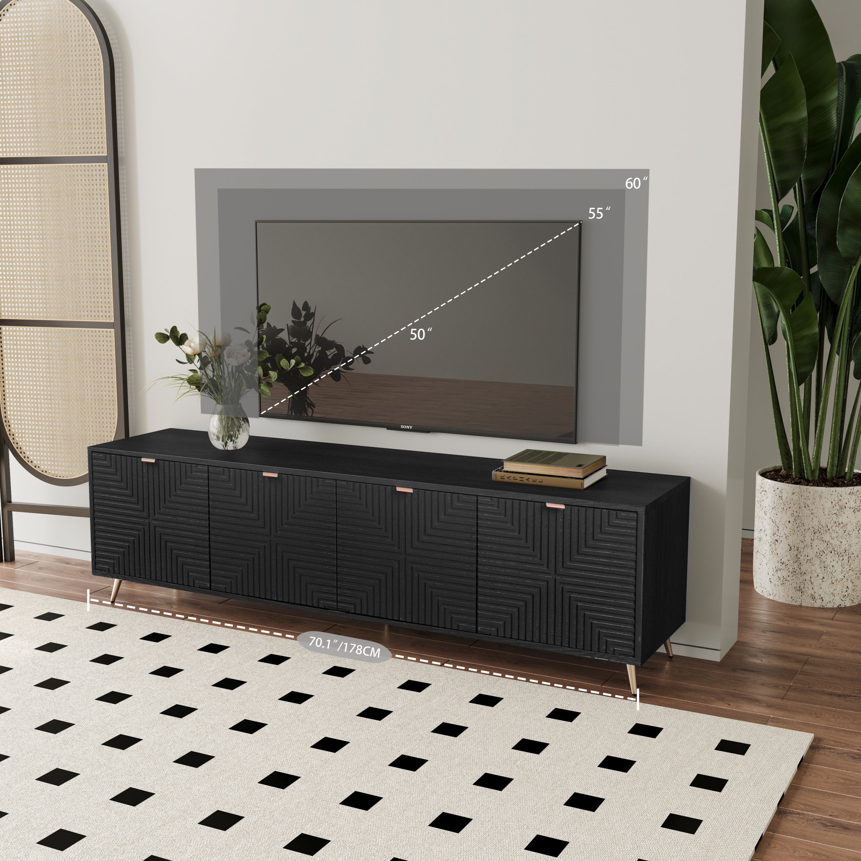70'-90' Extendable TV Cabinet, Modern Entertainment Center with Storage and Adjustable Shelves, Lacquered and Real Wood Veneered TV Console for Living Room, Hallway, Entryway, Black